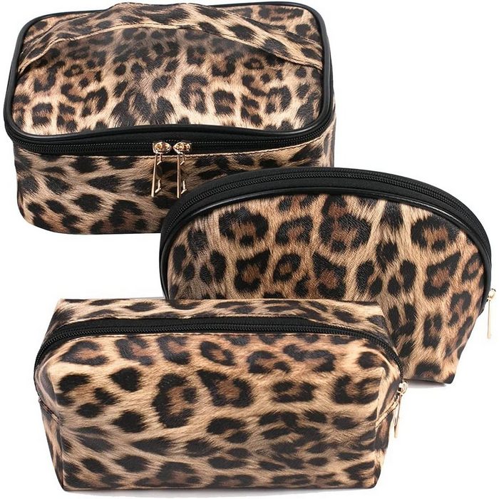 Mmgoqqt Kosmetiktasche Makeup Bag Leopard Travel Large Toiletry Bag 3 Pack Portable Cheetah Cosmetic Organizer Pouch with Small Brush Storage Case Gold Zipper Waterproof for Women and Girls