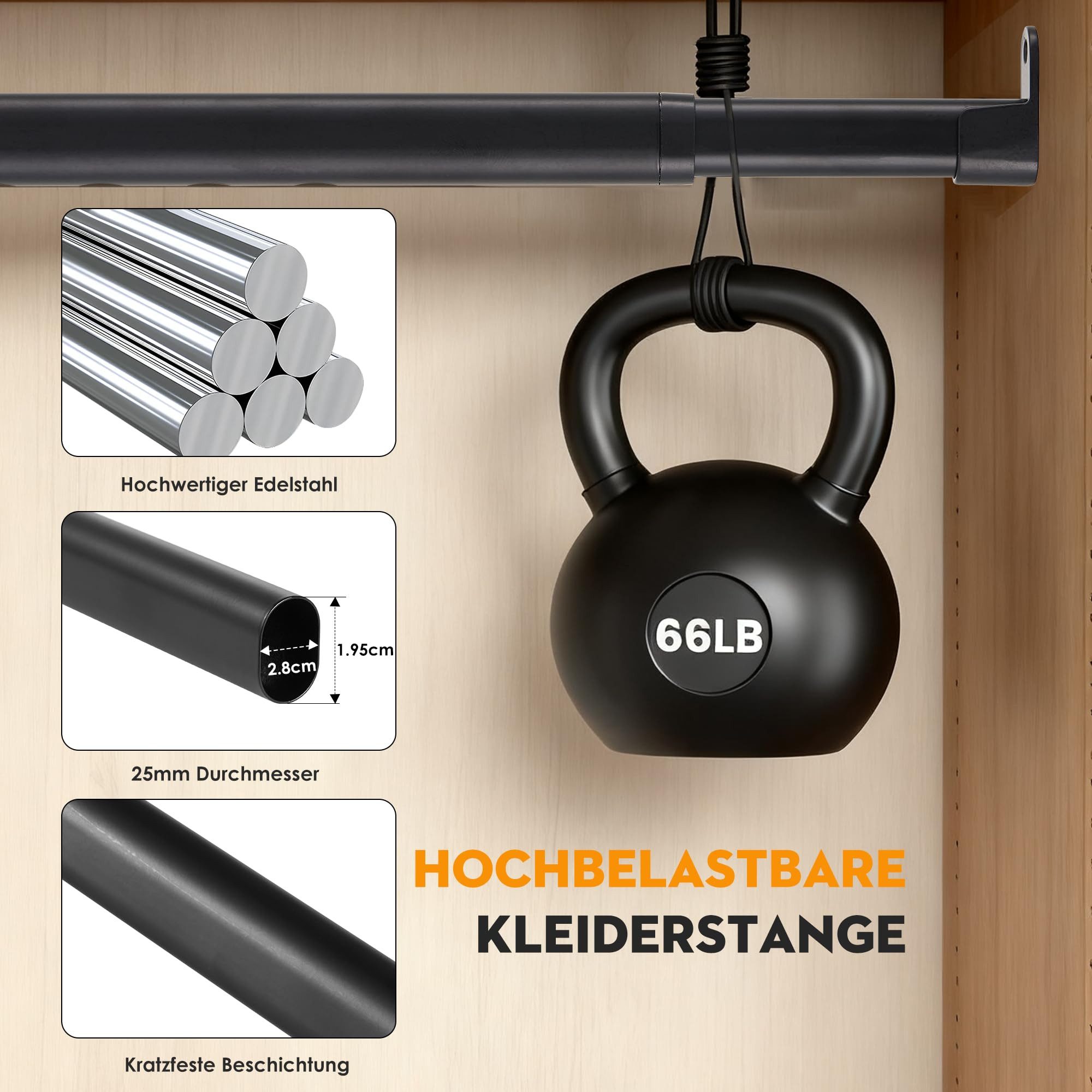 Agger Garderobenstange Kleiderstange für Schrank, Oval, Garderobenstange Wand Ausziehbar, 25mm mit 2 Halterung, für Kleiderschrank, Fenster,Verschiedene Größen – Bild 2 von 5