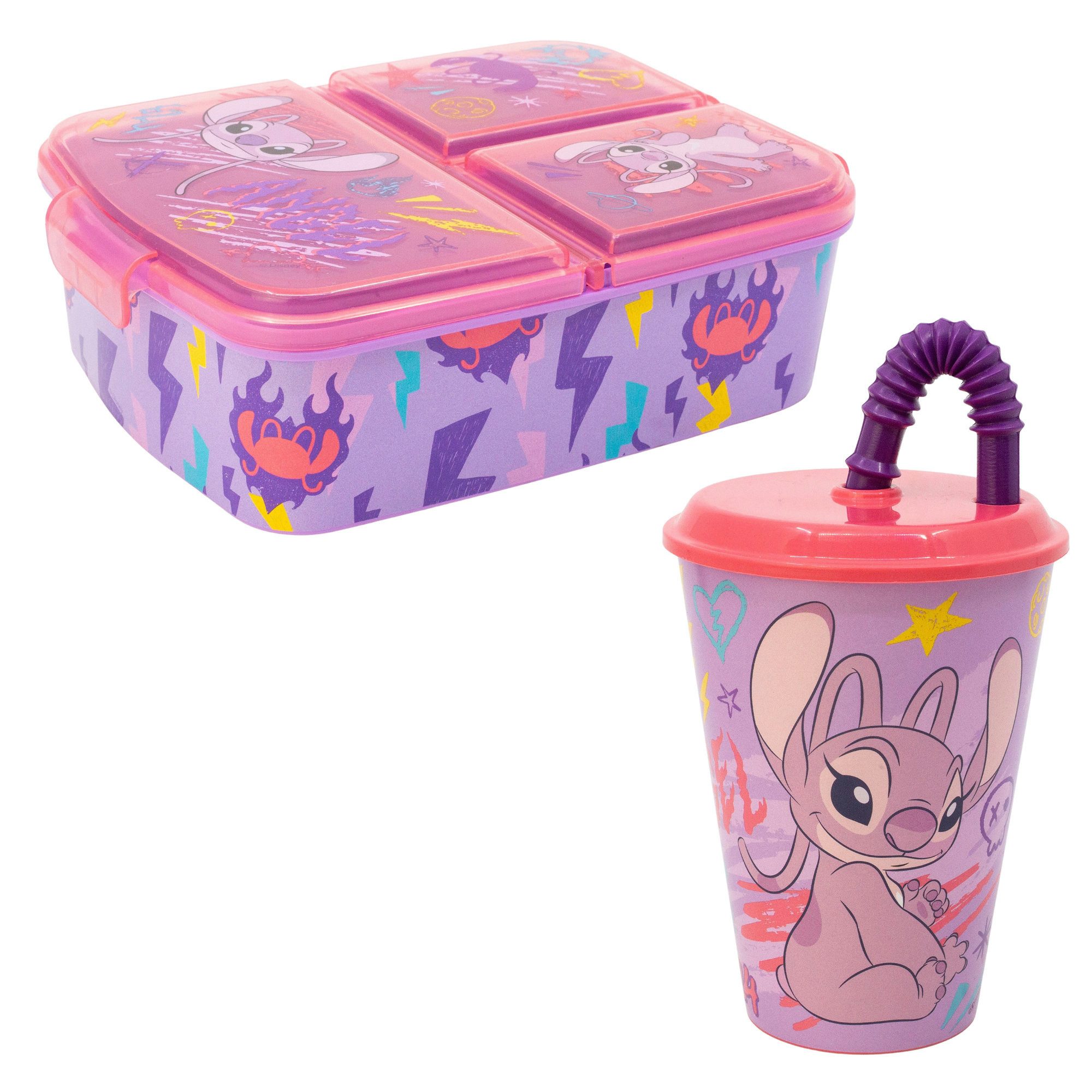 Disney Lunchbox Disney Stitch 2 tlg. Lunch Set Brotdose 3 Kammern Trinkbecher 390 ml, (Spar-Set, 2-tlg., Spar-Set)