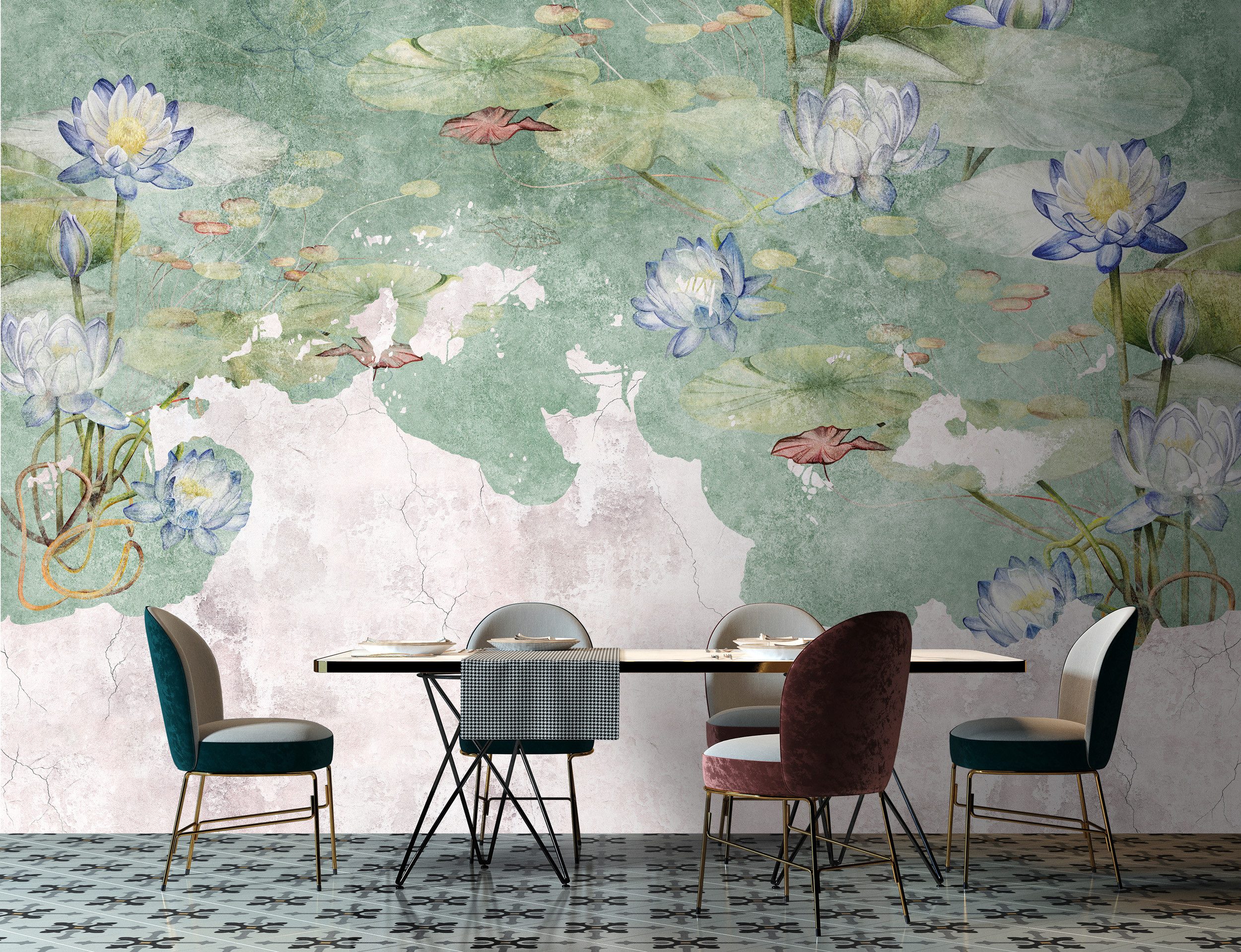 living walls Vliestapete Seerosen-Tapete Vintage-Optik Grün Blau, glatt, matt, (1 St)