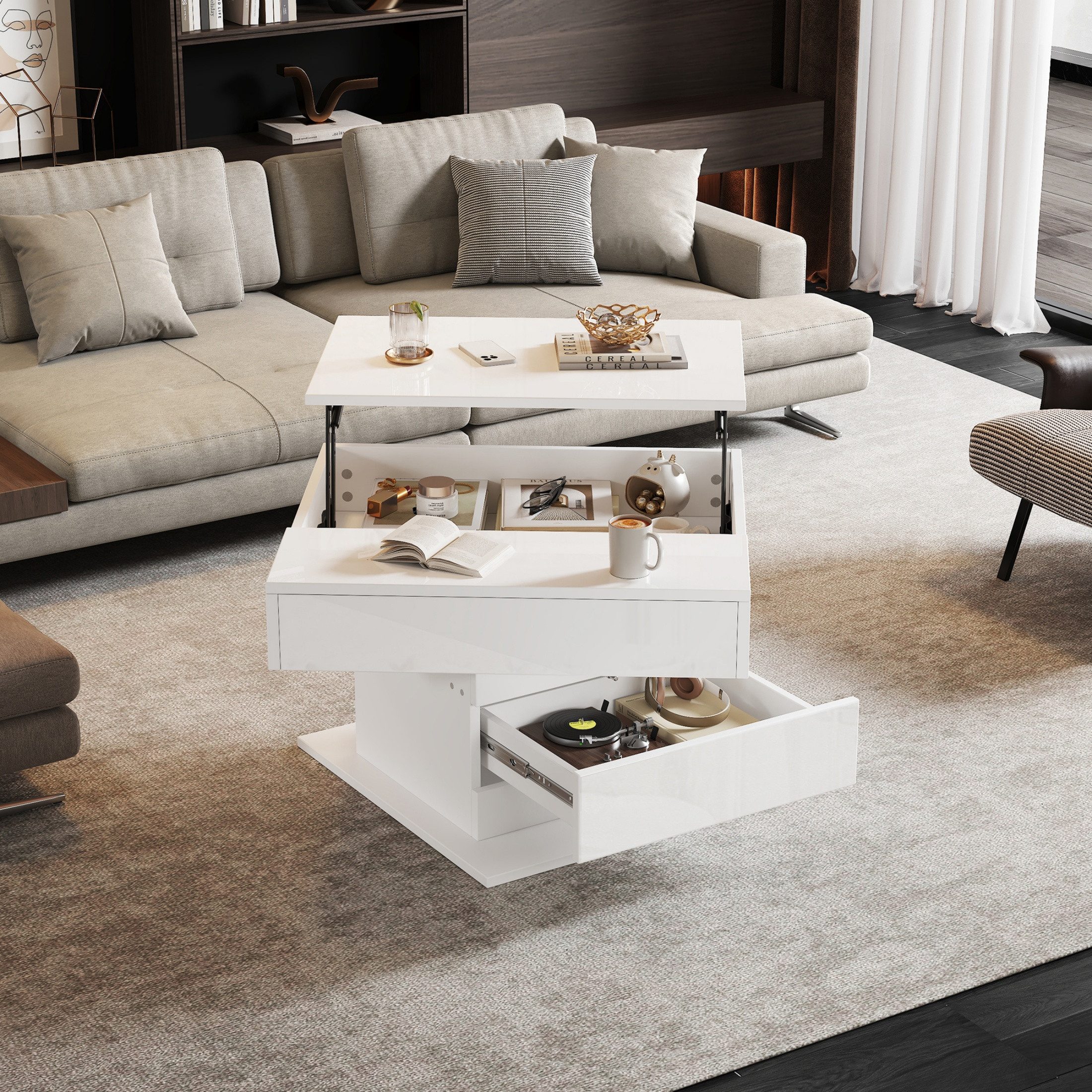 autolock Couchtisch 360°-Drehung Höhenverstellbar Sofatisch Beistelltisch Kaffeetisch (70*70*45 cm), Wohnzimmertisch mit verstecktem Stauraum für Wohn- und Schlafzimmer