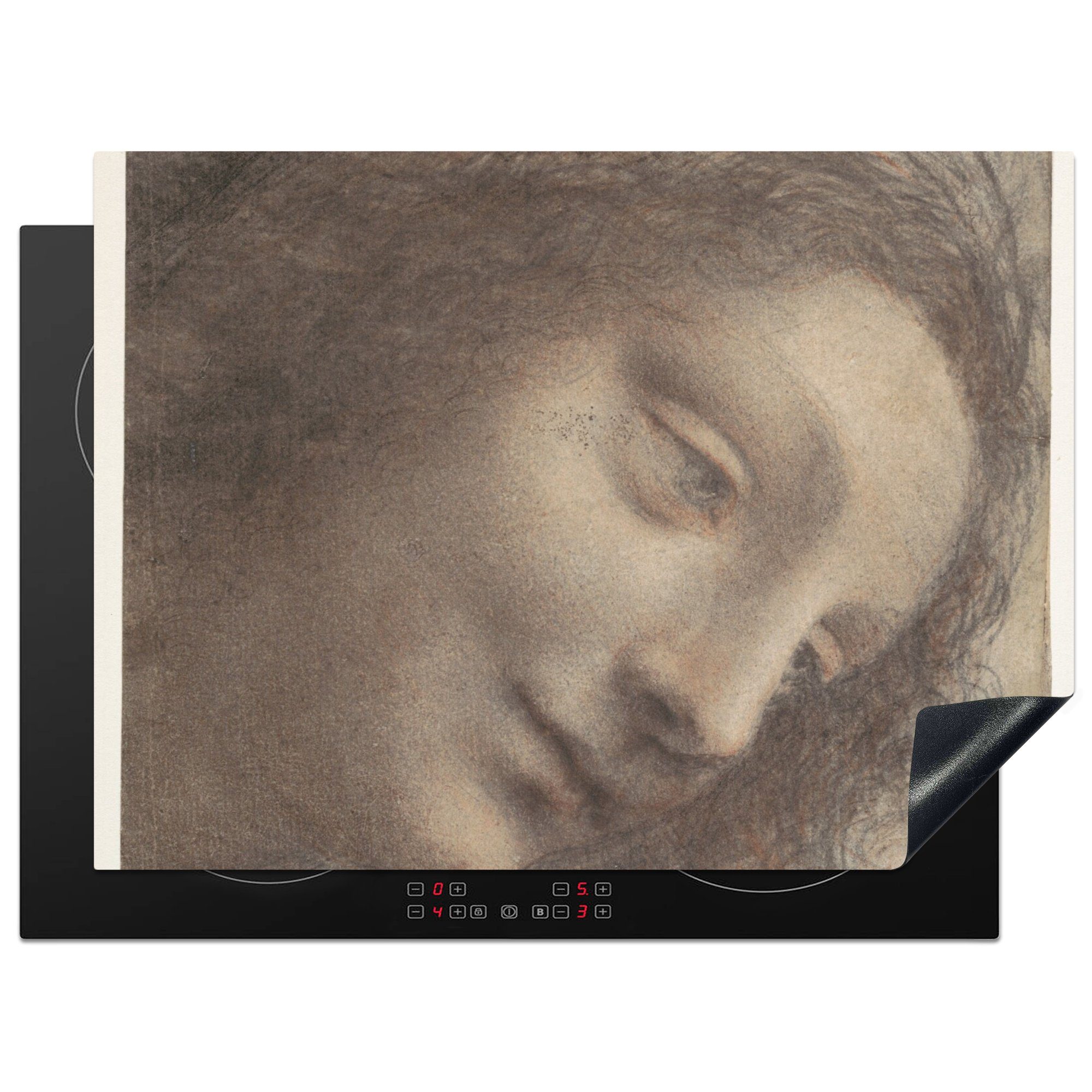 MuchoWow Herdblende-/Abdeckplatte Das Haupt der Jungfrau Maria - Leonardo da Vinci, Vinyl, (1 tlg), 70x52 cm, Mobile Arbeitsfläche nutzbar, Ceranfeldabdeckung
