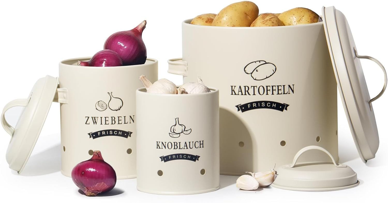 Zedelmaier Vorratsdose Aufbewahrung Kartoffeln Set für Kartoffeln,Zwiebeln,Knoblauch Metall, (TDYC-SET), Zwiebeltopf Kartoffeltopf Knoblauchtopf,Runde Form