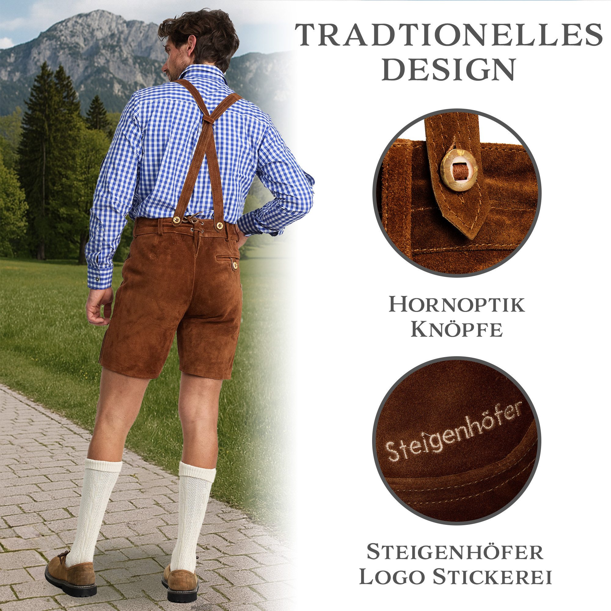 Steigenhöfer Manufaktur Trachtenlederhose Lederhose Herren Tracht kurz - Anton - 100% Rindsleder - Kurze Hose (Inklusive verstellbarer Träger) Traditionelle Echtlederhose - Ideal für Dein Oktoberfest Herren Outfit