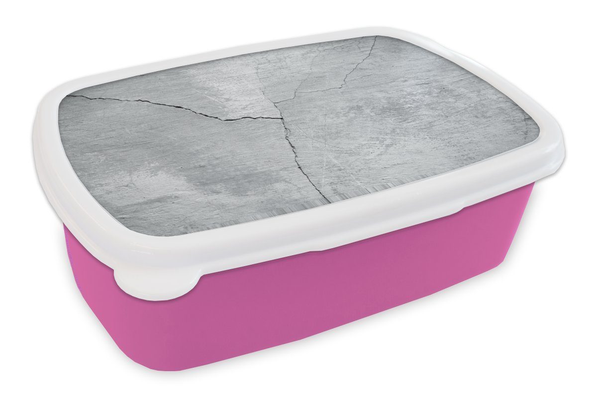 MuchoWow Lunchbox Beton - Riss - Grau, Kunststoff, (2-tlg), Brotbox für Erwachsene, Brotdose Kinder, Snackbox, Mädchen, Kunststoff rosa