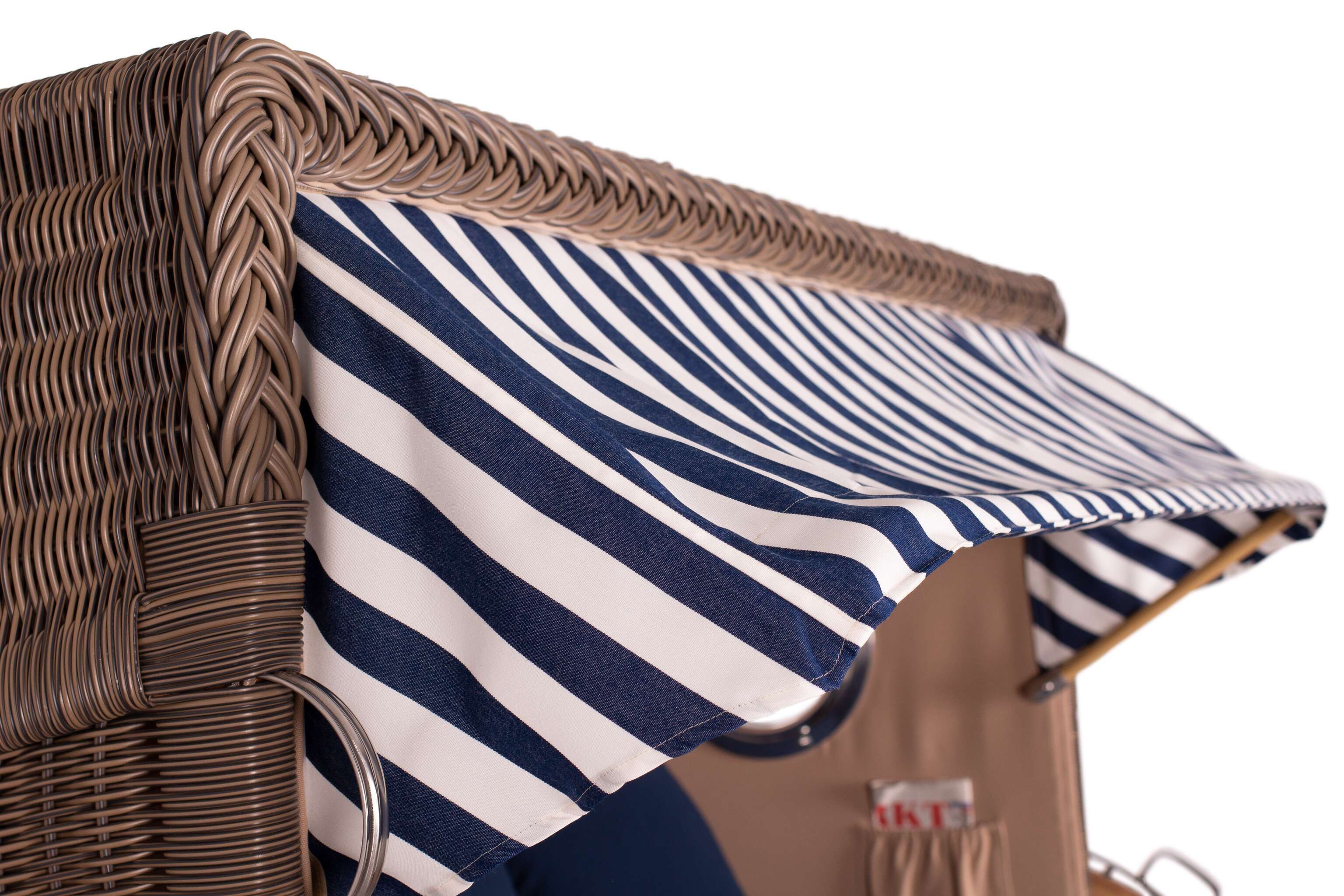 MR.DEKO Strandkorb Komplett-Set Düne Grande XXL Teak Dreisitzer Volllieger Blau/Weiß, BxTxH: 170x95x170 cm, Volllieger, Düne Grande XXL, (Luxus Strandkorb XXL, 4-tlg., Strandkorb inkl. Aero Protect, Rollen & Lifter-Set), Wetterfester 3-Sitzer, inkl. Lifter, Rollen & Haube, fertig montiert