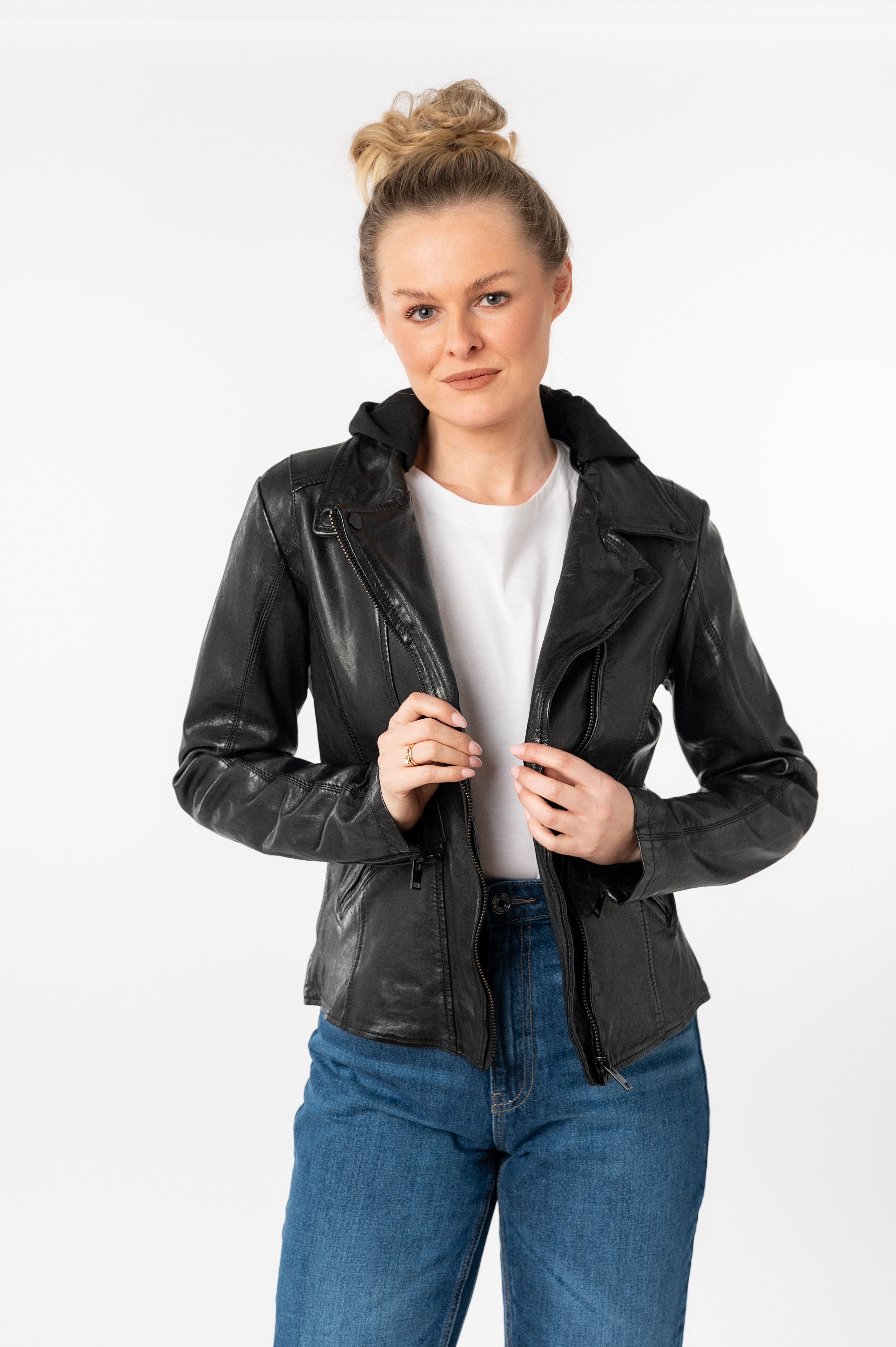 Mauritius Lederjacke MWTary SF mit Jerseykapuze und Reverskragen, Slim Fit