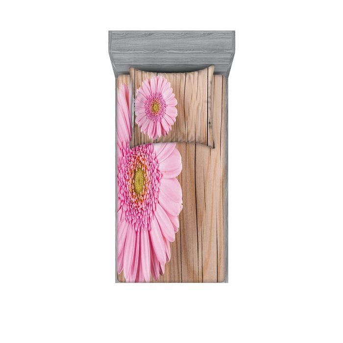 Bettwäsche bedrucktes 2-teiliges Bettwäscheset Abakuhaus Microfaser Blumen Rosa Gerber auf Holz