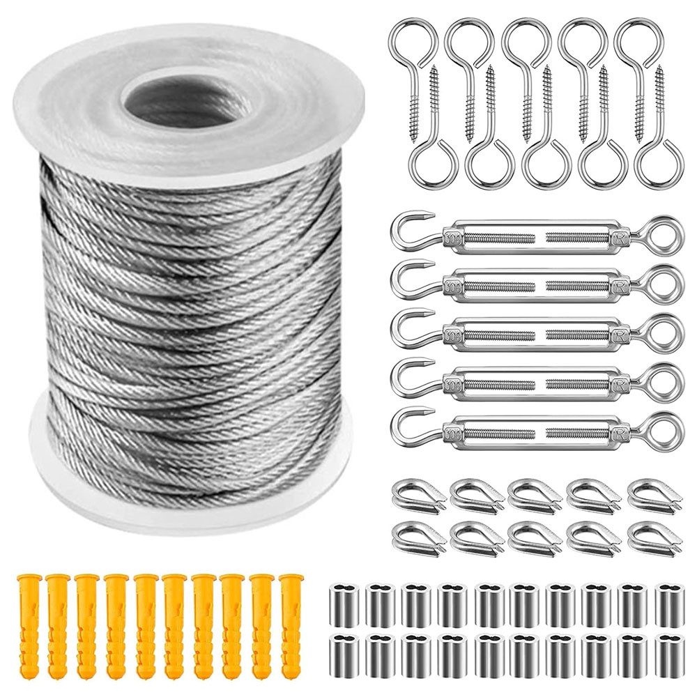 TUWENA Drahtseil Drahtseil Edelstahl 30m Seilspanngarnitur mit Ösen 56Pcs Stahlseil Kit, Für Light Suspension Zelte, Wäscheleine, Gardinenseil, Kletterpflanzen