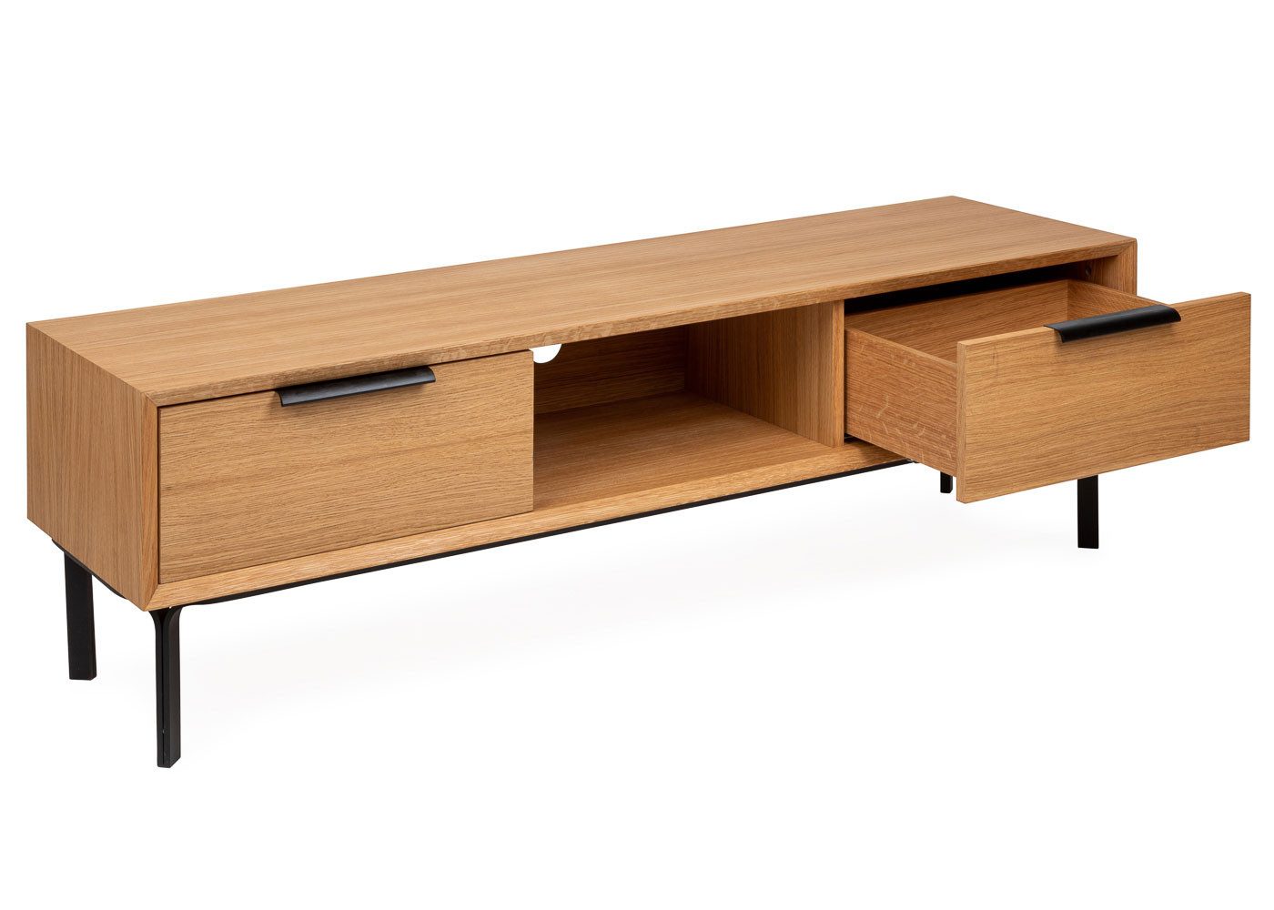 Woodek Design TV-Schrank BERGEN, TV-Lowboard aus massiver Eiche und Eichenfurnier, natur (Offenes Fach mit Kabeldurchführung integriert, 1-St., Oberfläche geölt) Breite 200 cm, Tiefe 40 cm, Höhe 45 cm