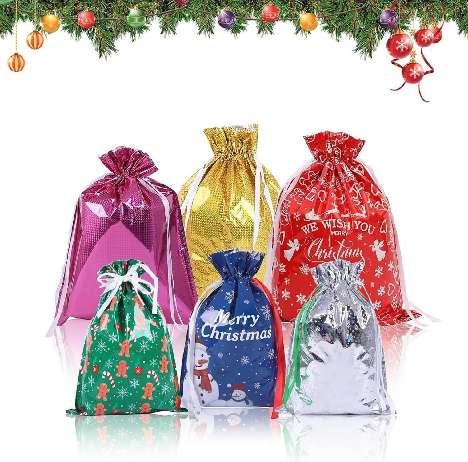 Geschenkpapier 6er Set Weihnachts-Geschenktüten Kordelzug Aluminiumfolie 6 Designs