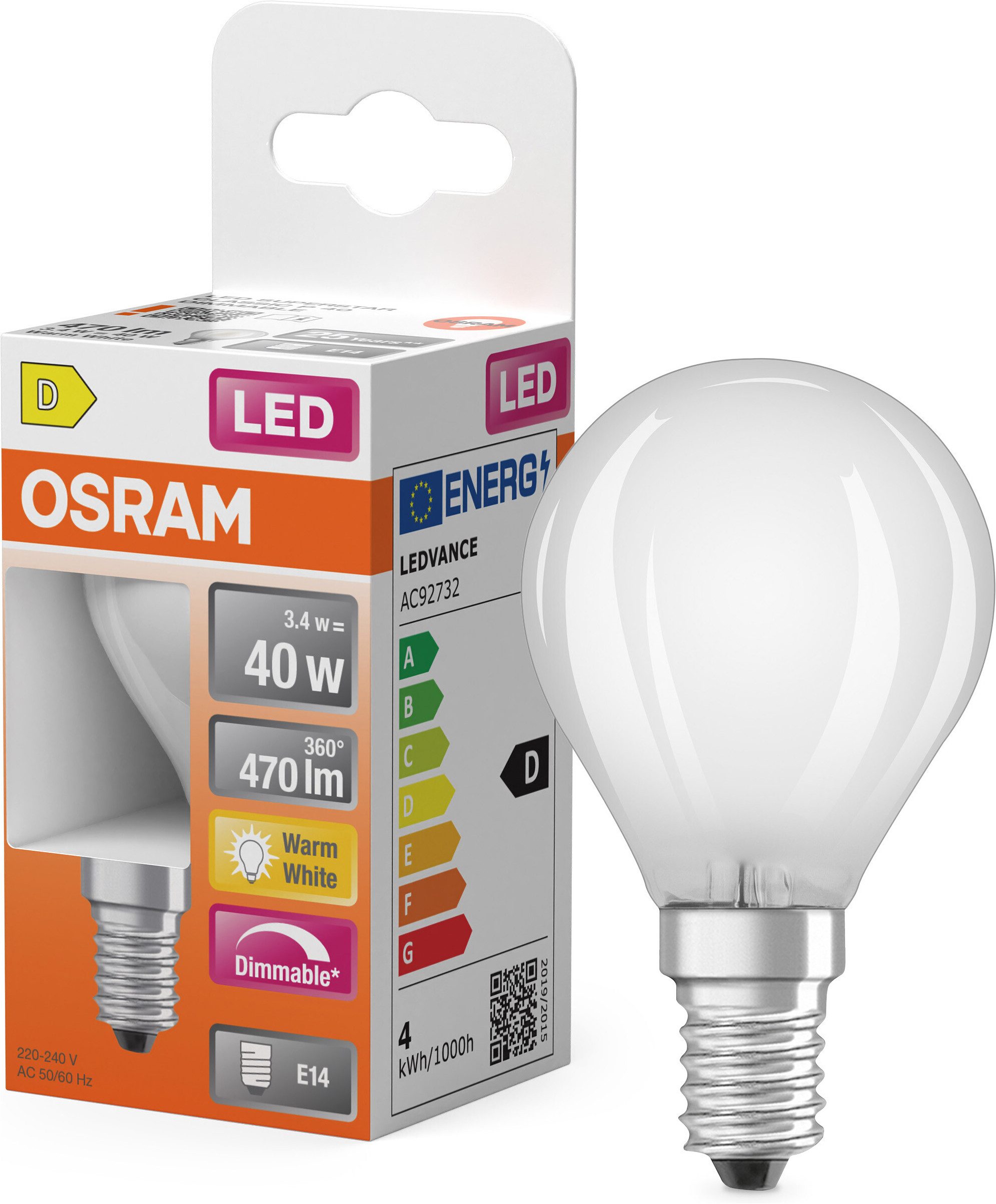 Osram LED-Leuchtmittel LED Retrofit CLASSIC Tropfenform, E14, 1 St., Warmweiß