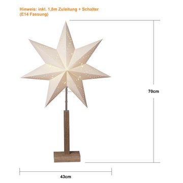 STAR TRADING LED Dekolicht Papierstern-Tischleuchte 'Karo', weiß, Holzfuß Eiche, 70cm, Papierstern-Tischleuchte 'Karo', weiß, Holzfuß Eiche, 70cm