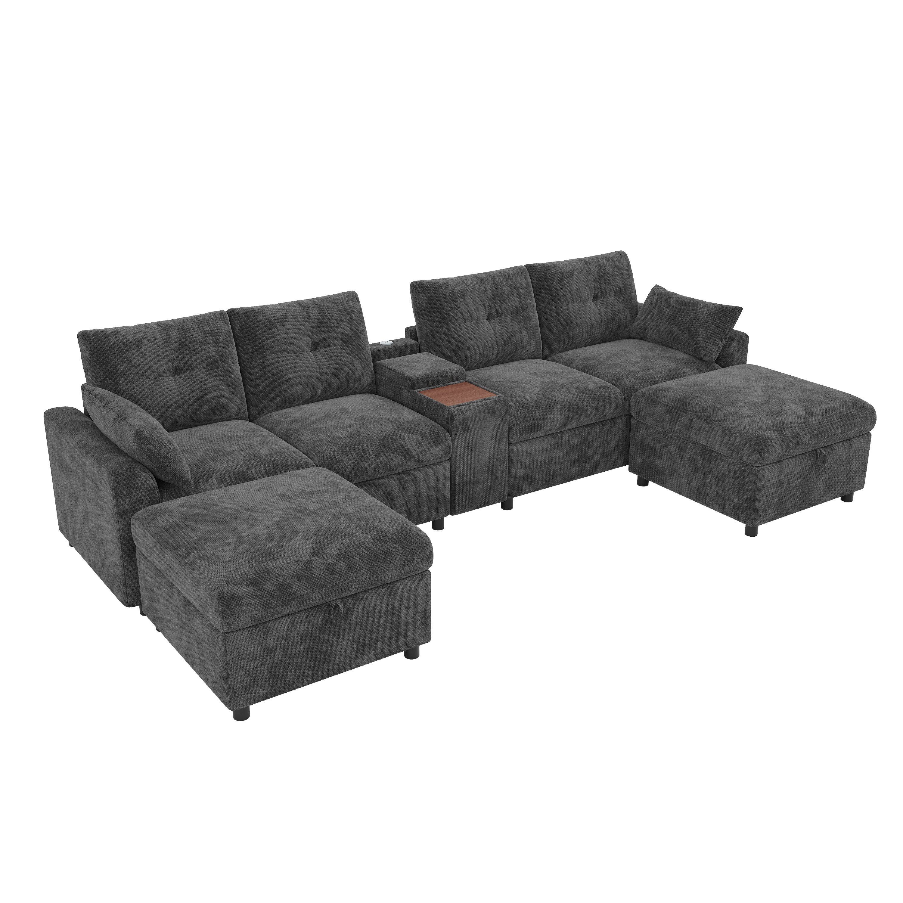 Merax Ecksofa mit 2 Hockern, U-/L-Form Sofa mit USB & Type-C, Chenille, 6 Sitzer Sofa, 316x140x84.5 cm 1 Teile, Sofa mit 2 Hockern, Mittelkonsole,Getränkehalter & klappbaren Staufach