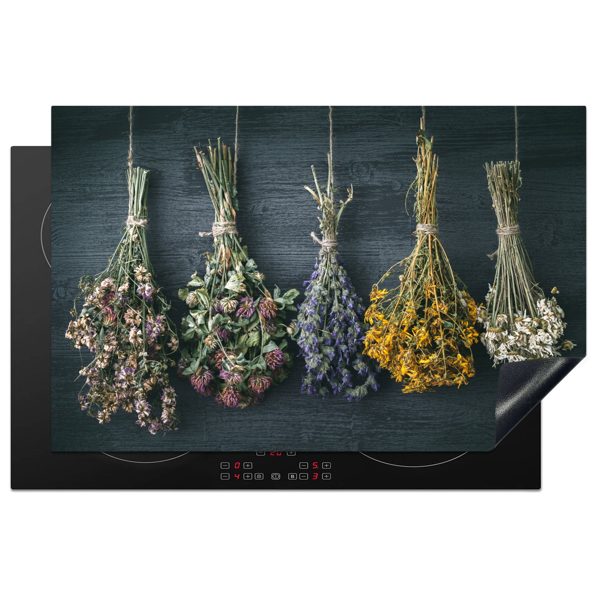 MuchoWow Herdblende-/Abdeckplatte Trockenblumen - Blumen - Blumenstrauß - Stilleben - Seil - Bündel, Vinyl, (1 tlg), 81x52 cm, Ceranfeldabdeckung, Arbeitsplatte für küche