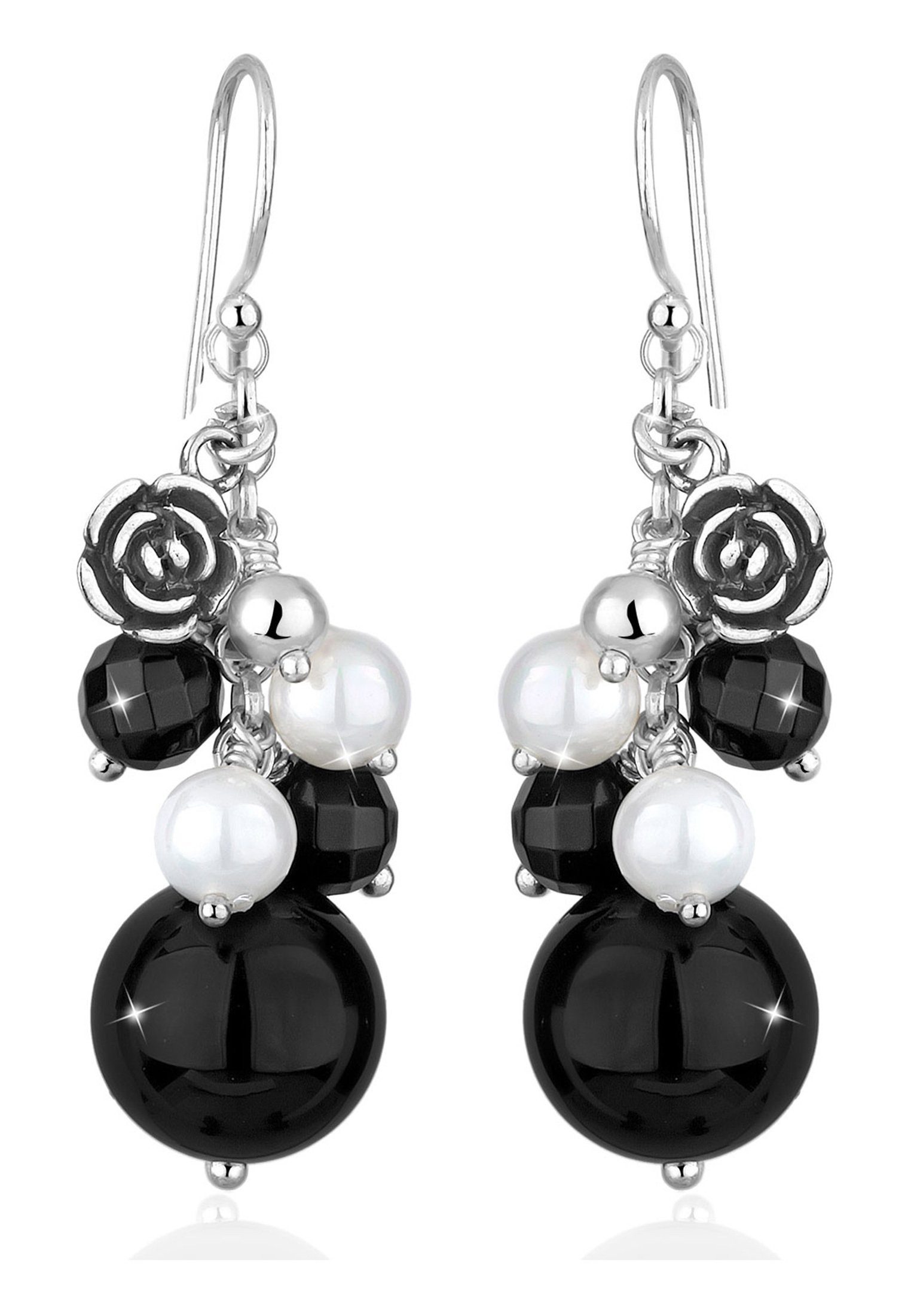 Elli Perlenohrringe Elli Ohrringe Rose Onyx Muschelkernperlen 925 Sterling Silber, Blume