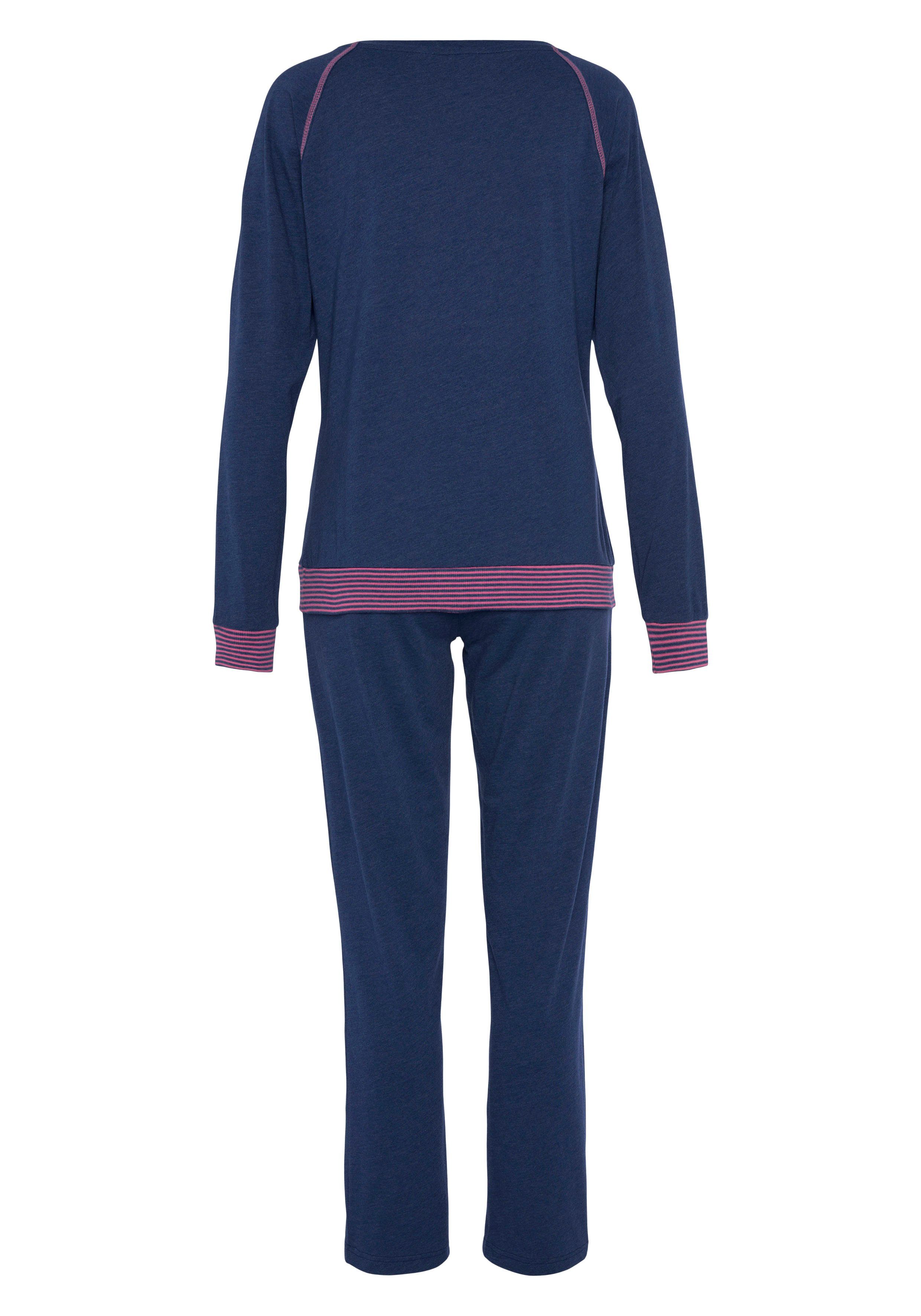 Dreams mit in Neonfarben Vivance Flatlock-Nähten tlg) Pyjama jeansblau/neon-pink dekorativen (2