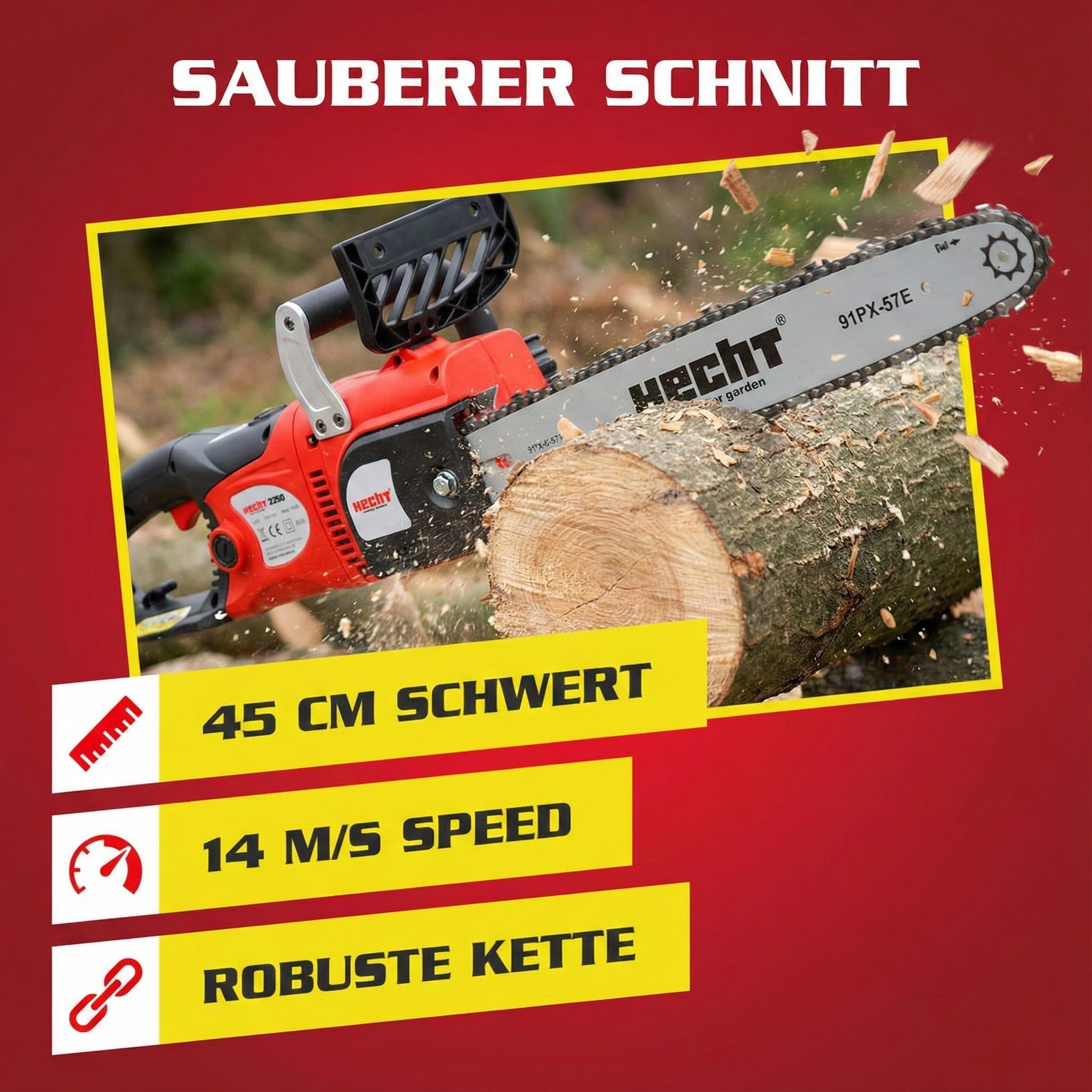 Hecht electric chainsaw 2250 with 40 cm cutting length, 45.8 cm bar length, 2400 watts, soft start, kickback brake