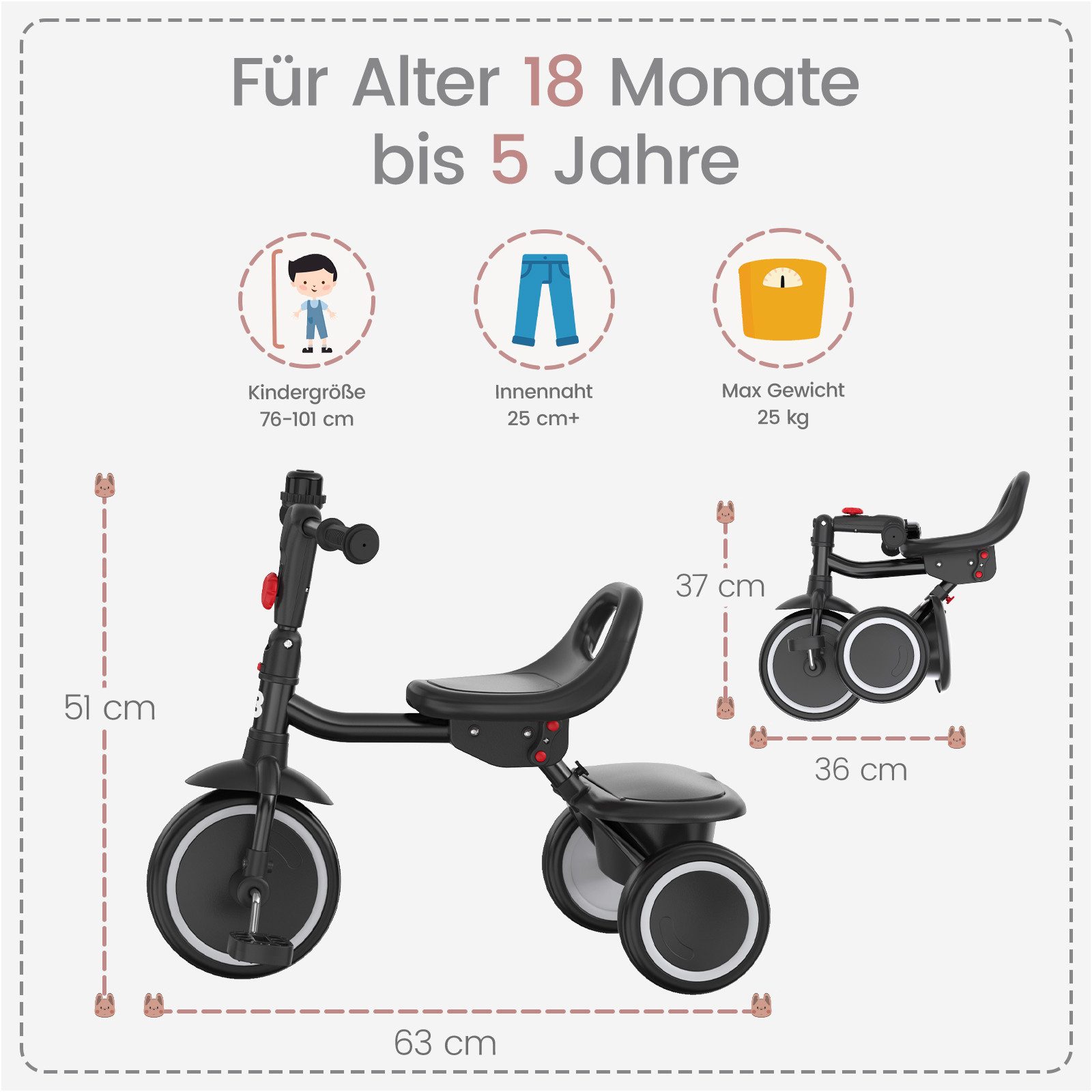 besrey Dreirad Dreirad Kinderdreirad Kinderfahrrad mit Spielkorb, Klingel, Mit Fahrradklingel und Korb, Kippfreies Design,Fahr- und Klappmodus