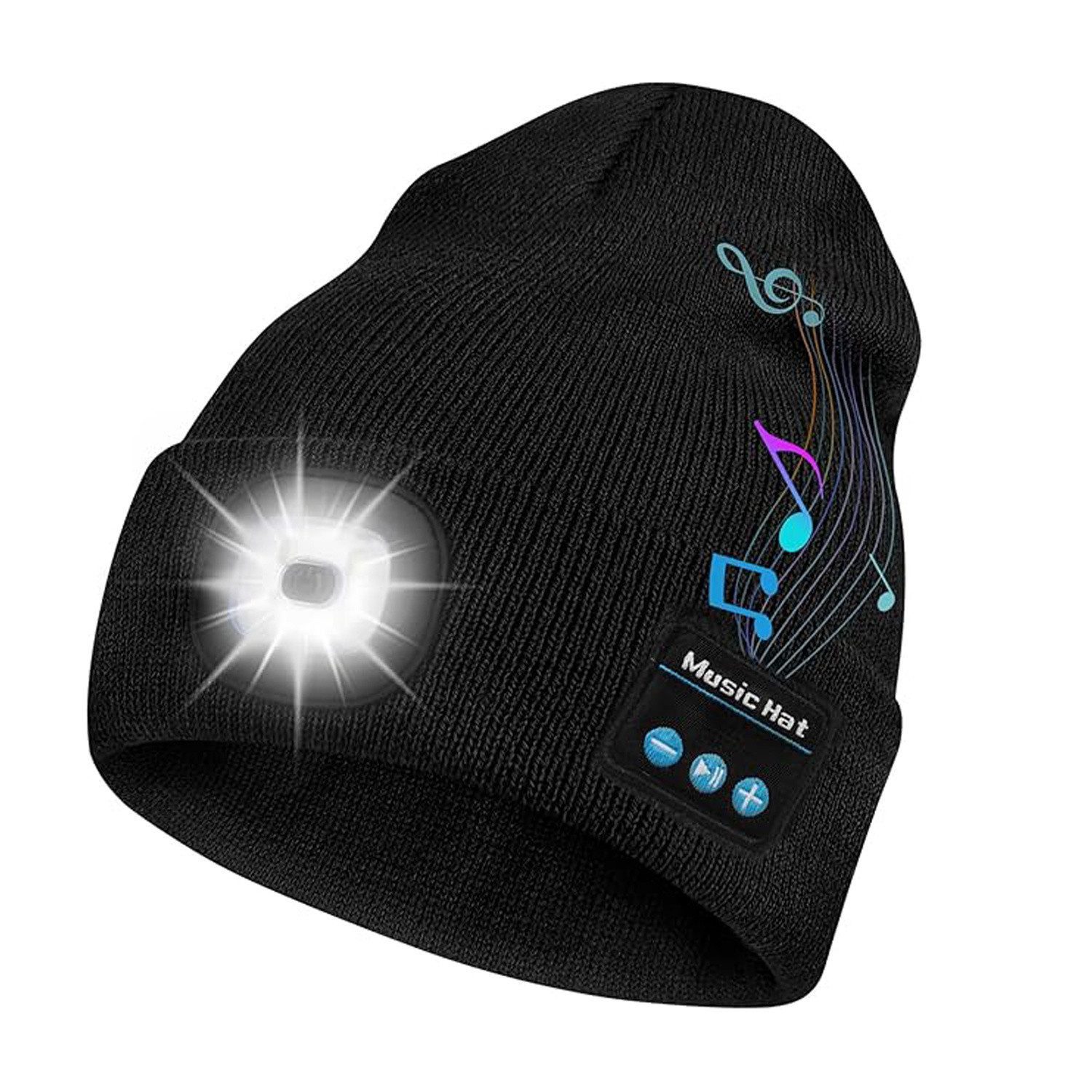 feinlux Strickmütze Strickmütze Bluetooth Beanie Mütze (Packung, Unisex-Mützen mit Taschenlampe) mit Licht,Stirnlampe Mütze mit Kopfhörer USB aufladbar(  1 Stück)