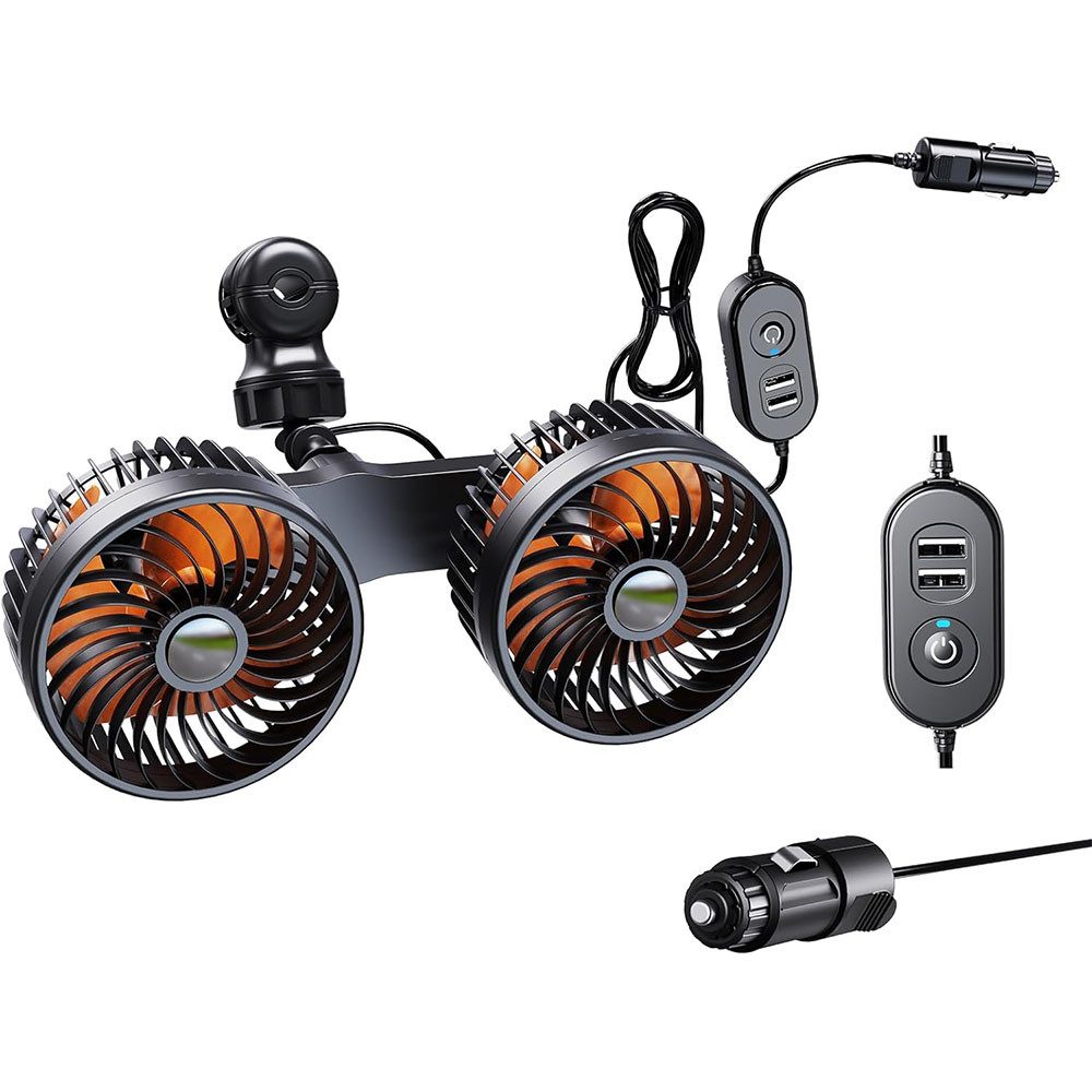 VIVIHEYDAY Handventilator Auto Ventilator 12V/24V, Doppelter Kopf Ventilatoren für den Rücksitz, Passagier, 360° Drehbarer Zigarettenanzünder Ventilator