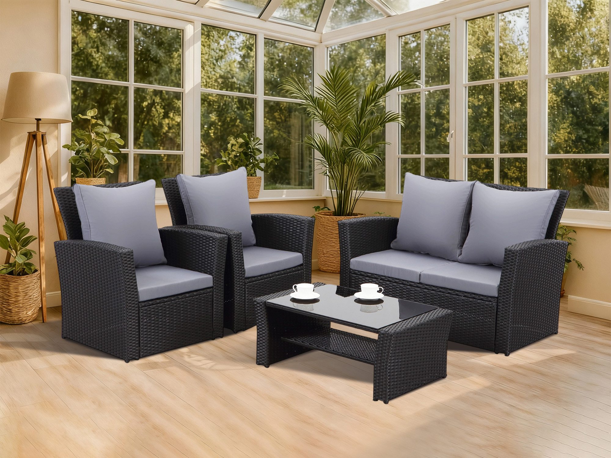 MeXo Loungeset Polyrattan Gartenmöbel Set 4 Personen Wetterfest, (Balkonset Sitzgruppe, 4-tlg., mit 80 cm hoher Rückenlehne, 8 cm breite Armlehne), Stauraum unter dem Tisch