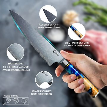 Calisso Messer-Set Aquamarine Line Küchenmesser Damastmesser Messerset (Advanced Set, 6-tlg., Inklusive Klingenschutz und hochwertiger Holzbox), Damastmesser