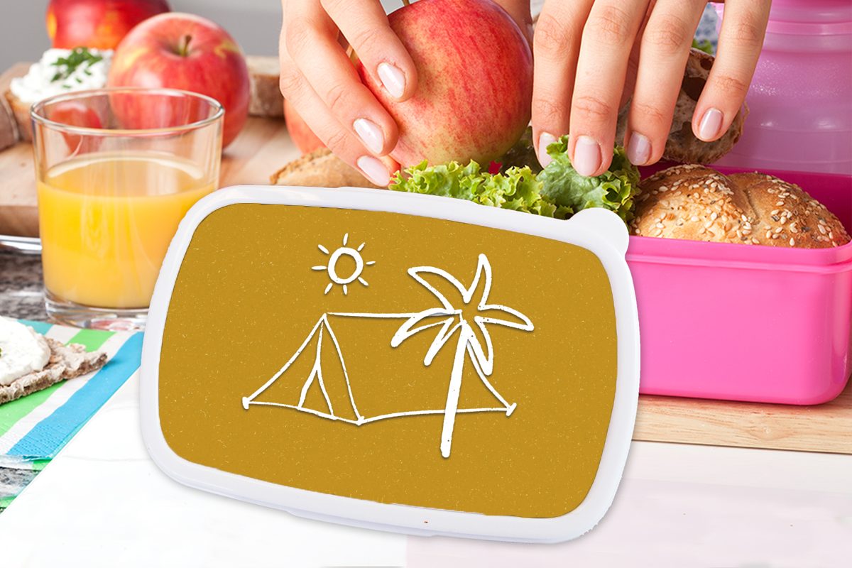 Lunchbox Kinder, Kunststoff, für Erwachsene, Brotbox Mädchen, Kunststoff Palme, MuchoWow rosa Snackbox, (2-tlg), Brotdose Sommer Zelt - -