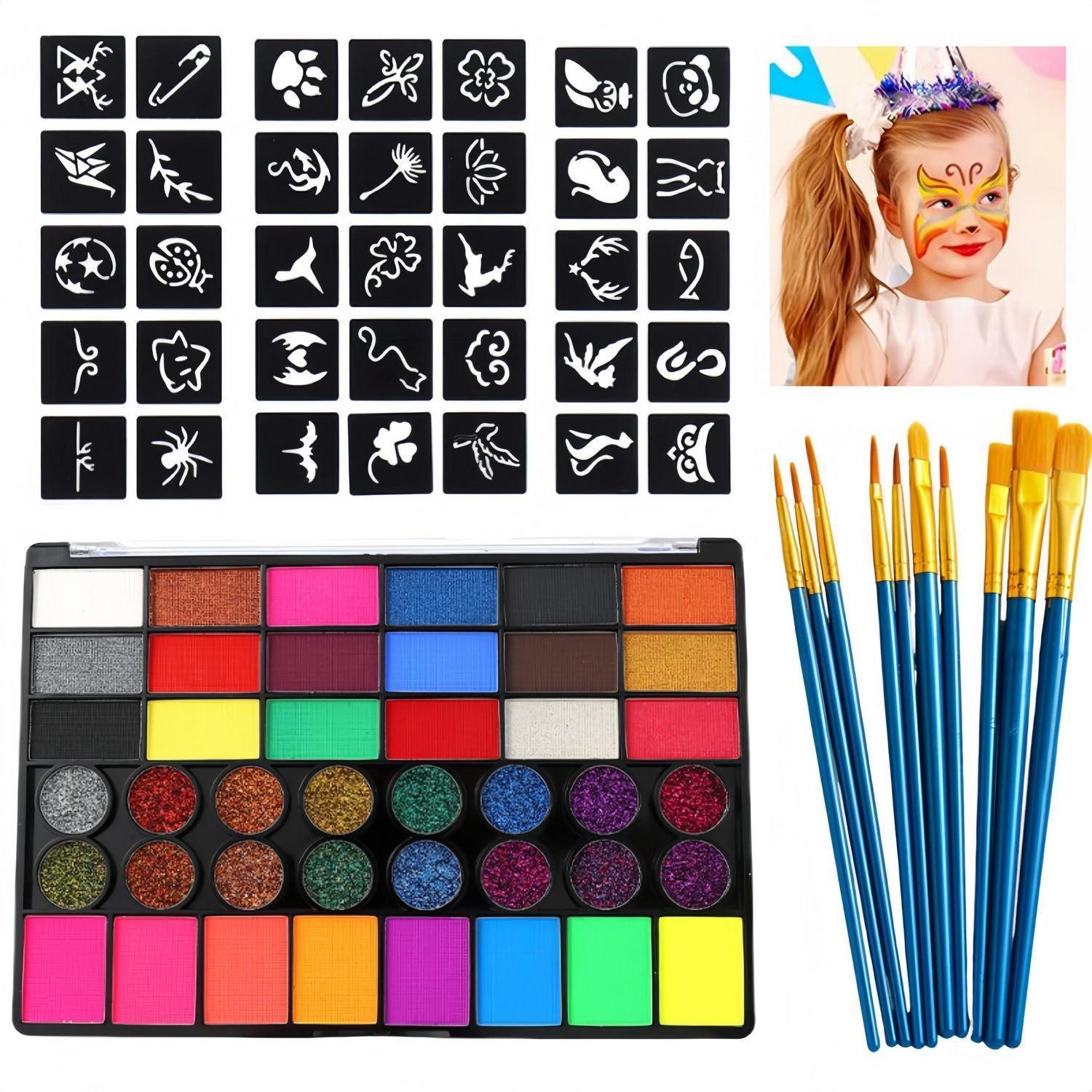 LuxusKollektion Theaterschminke Kinderschminke Set 42 Farben Glitzer Pinsel Sticker