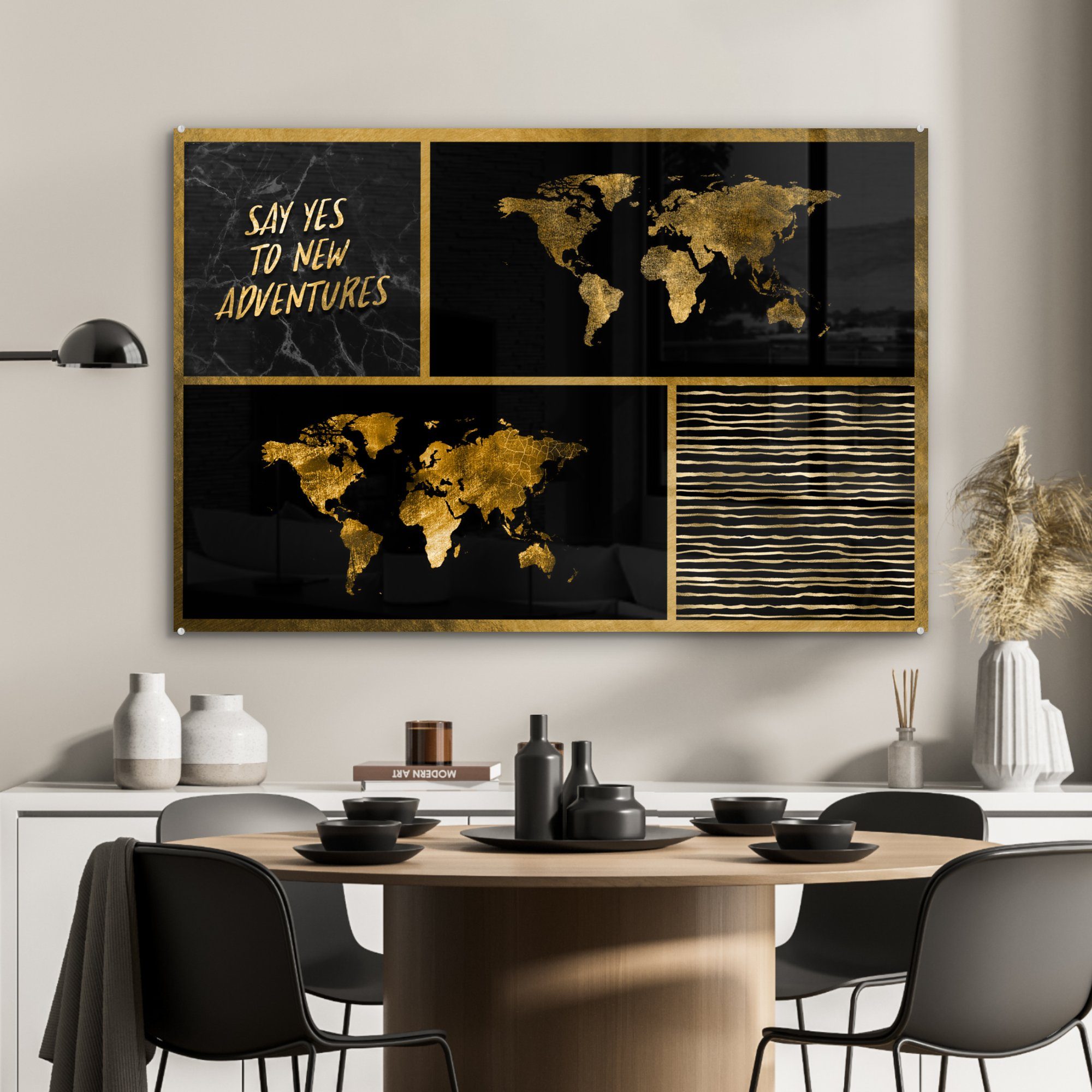 MuchoWow Acrylglasbild Weltkarte - Collage Gold, Sprichwörter - Wohnzimmer (1 St), - & Acrylglasbilder Schlafzimmer