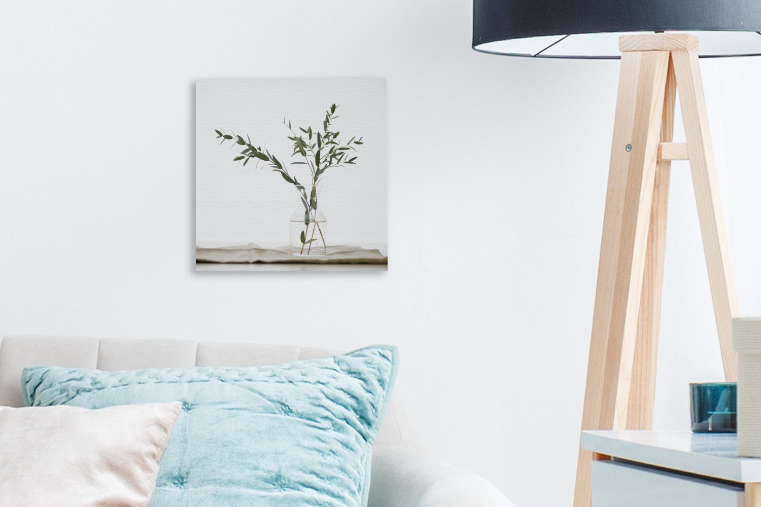 OneMillionCanvasses® Leinwandbild Eukalyptuszweige Bilder (1 Glasvase, Leinwand Wohnzimmer in St), für Schlafzimmer einer