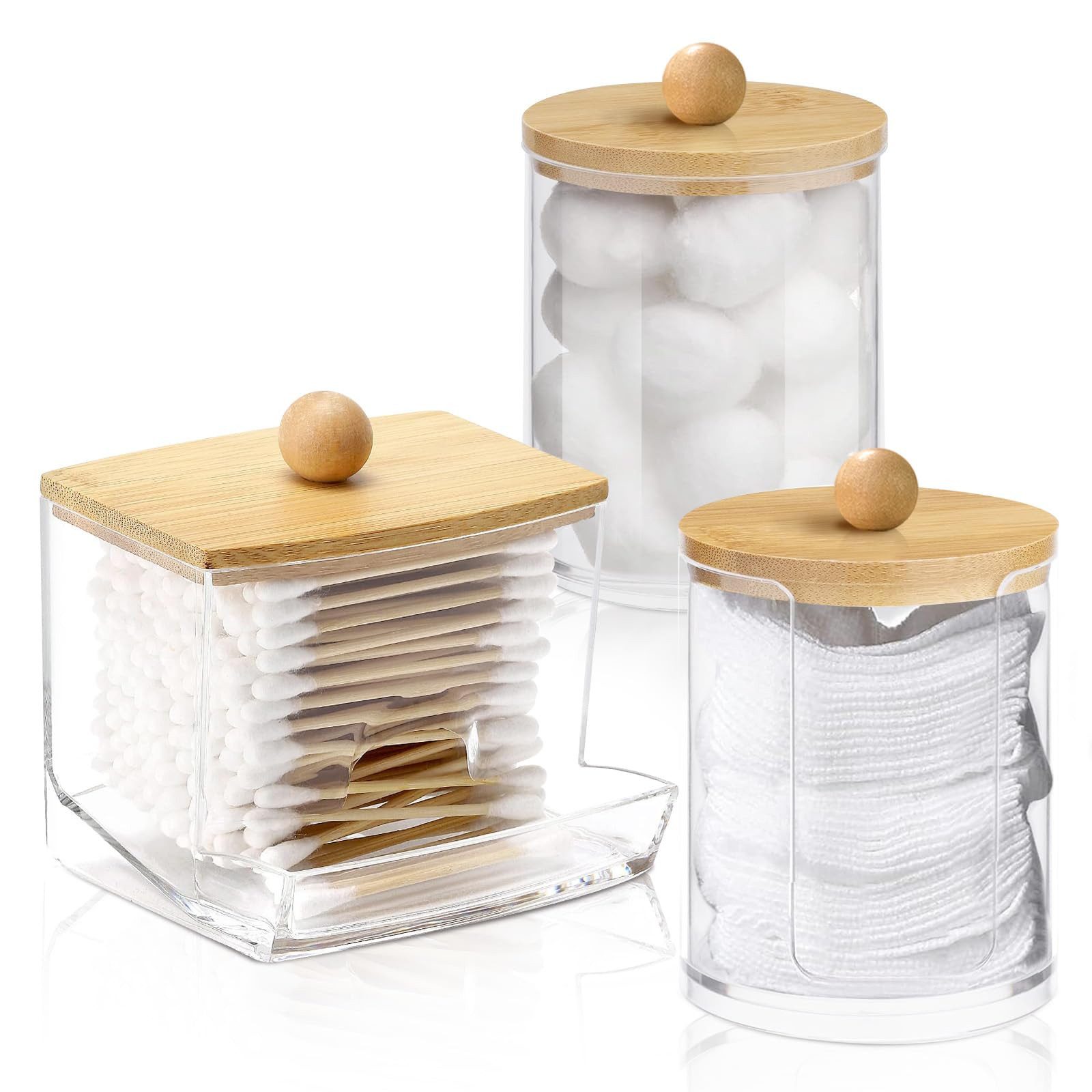 FOUORTUNATE-BEE Wattestäbchenspender 3× Wattepad- & Wattestäbchen-Box mit Bambusdeckel, Transparente Aufbewahrungsdosen für Bad & Schminktisch