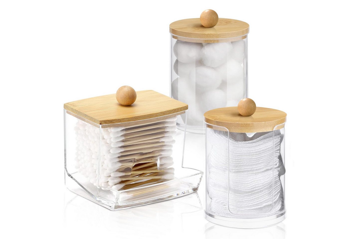 FOUORTUNATE-BEE Wattestäbchenspender 3× Wattepad- & Wattestäbchen-Box mit Bambusdeckel, Transparente Aufbewahrungsdosen für Bad & Schminktisch