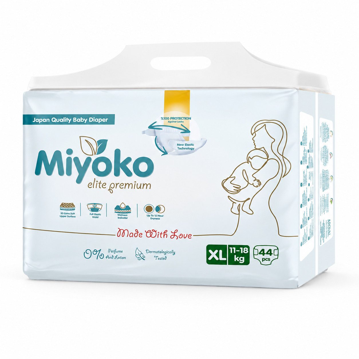 Preline Windeln Miyoko Elite Premium Babywindel, 3D extra weiche Oberfläche (Einzelpackung, 1 Packung mit 44 Windeln, Größe XL (11–18 kg), Nässeindikator, elastischer Bund, bis zu 12 Std. Trockenheit
