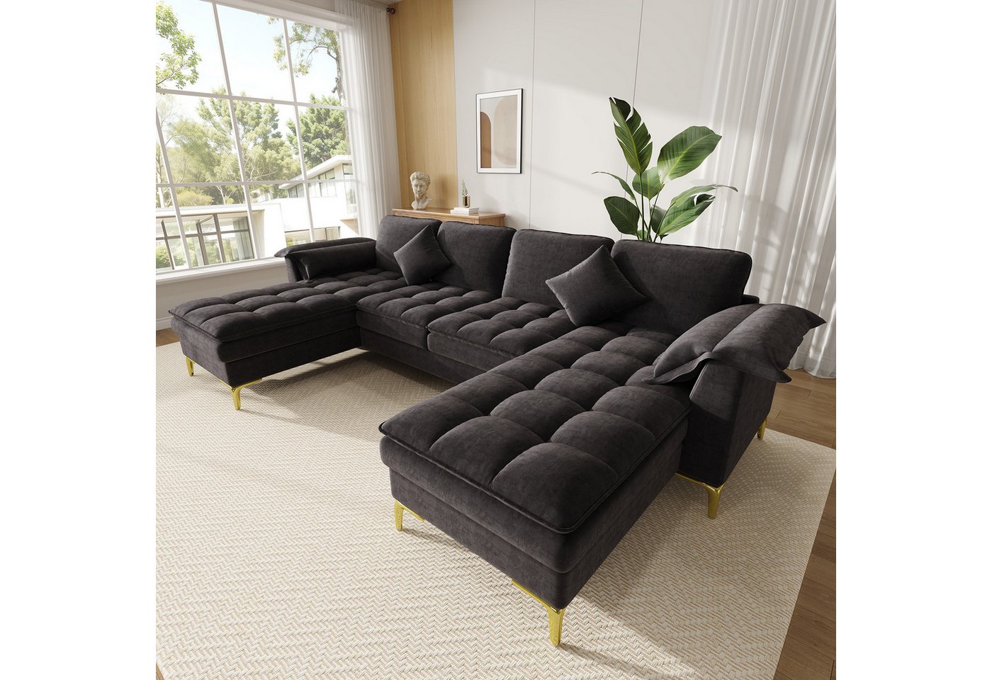 Merax Ecksofa mit 2 Chaiselongues, U-förmiges Sofa Cloud-Design Couch aus Chenille, 1 Teile, 4-Sitzer-Sofa mit 2 Kissen,goldene Metallfüße,Doppelschicht-Polsterung