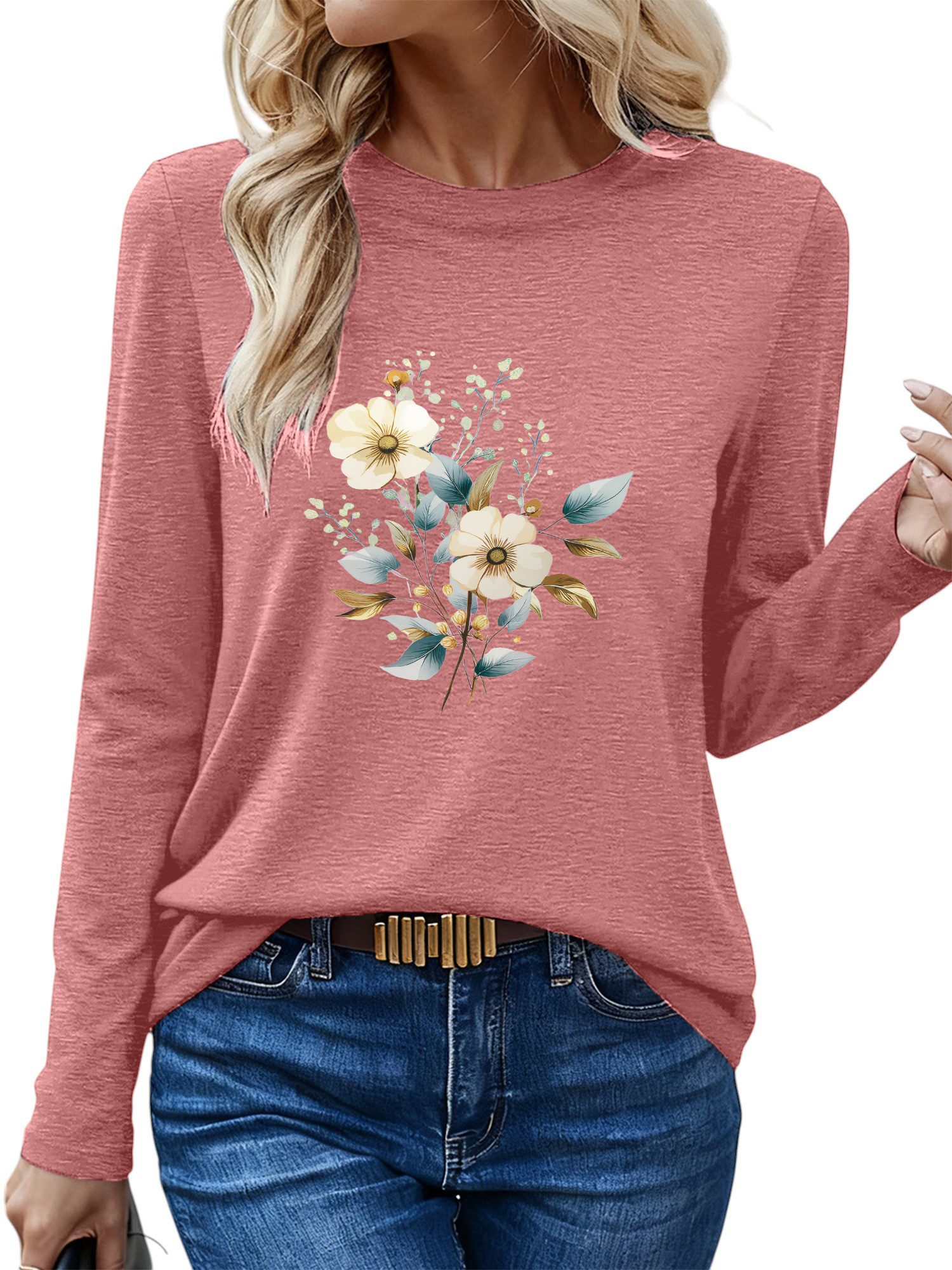 PYLIKE Langarmshirt Shirts Damen Casual Blumen günstig online kaufen