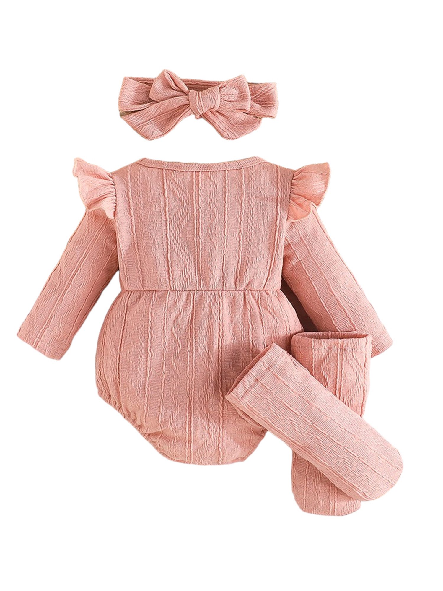 Lapastyle Strampler Baby Mädchen Einfarbig Jacquard Bodysuit Babykleidung mit Blumen (Strampler + Stirnband + Socken), 3-tlg) Baby Mädchen Einfarbig Jacquard Bodysuit Babykleidung mit Blumen