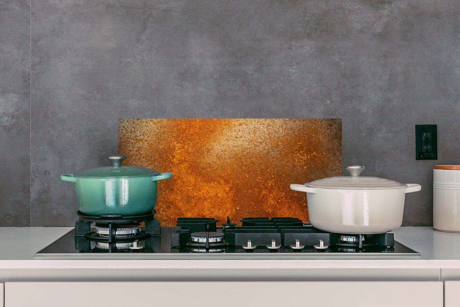 für - - (1-tlg), Küchen Industriell, Wandschutz, gegen Vintage Küchenrückwand Metall Schmutzflecken cm, - MuchoWow und - Fett 60x30 Orange Rost