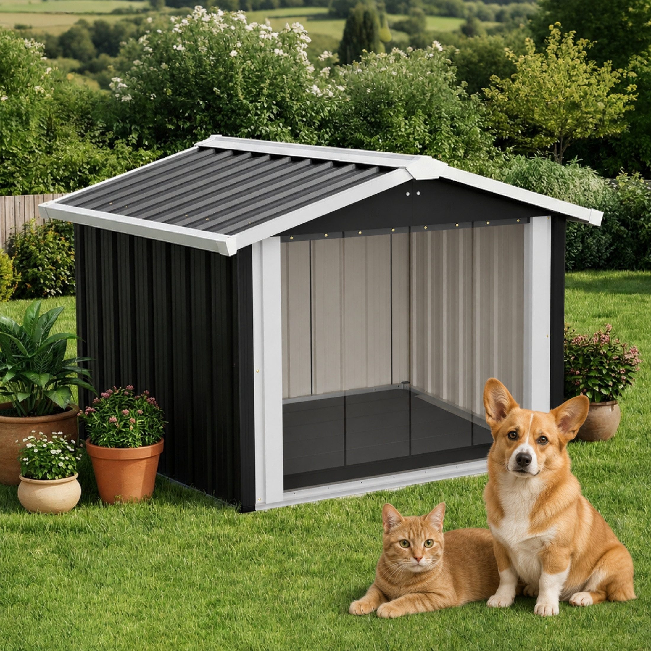 Blossom Hundehütte Hundehaus aus Metall 102×91×85 cm, wetterfest, mit Schrägdach, UV-Schutz und Belüftung, große Hundehütte für Garten, Terrasse Outdoor