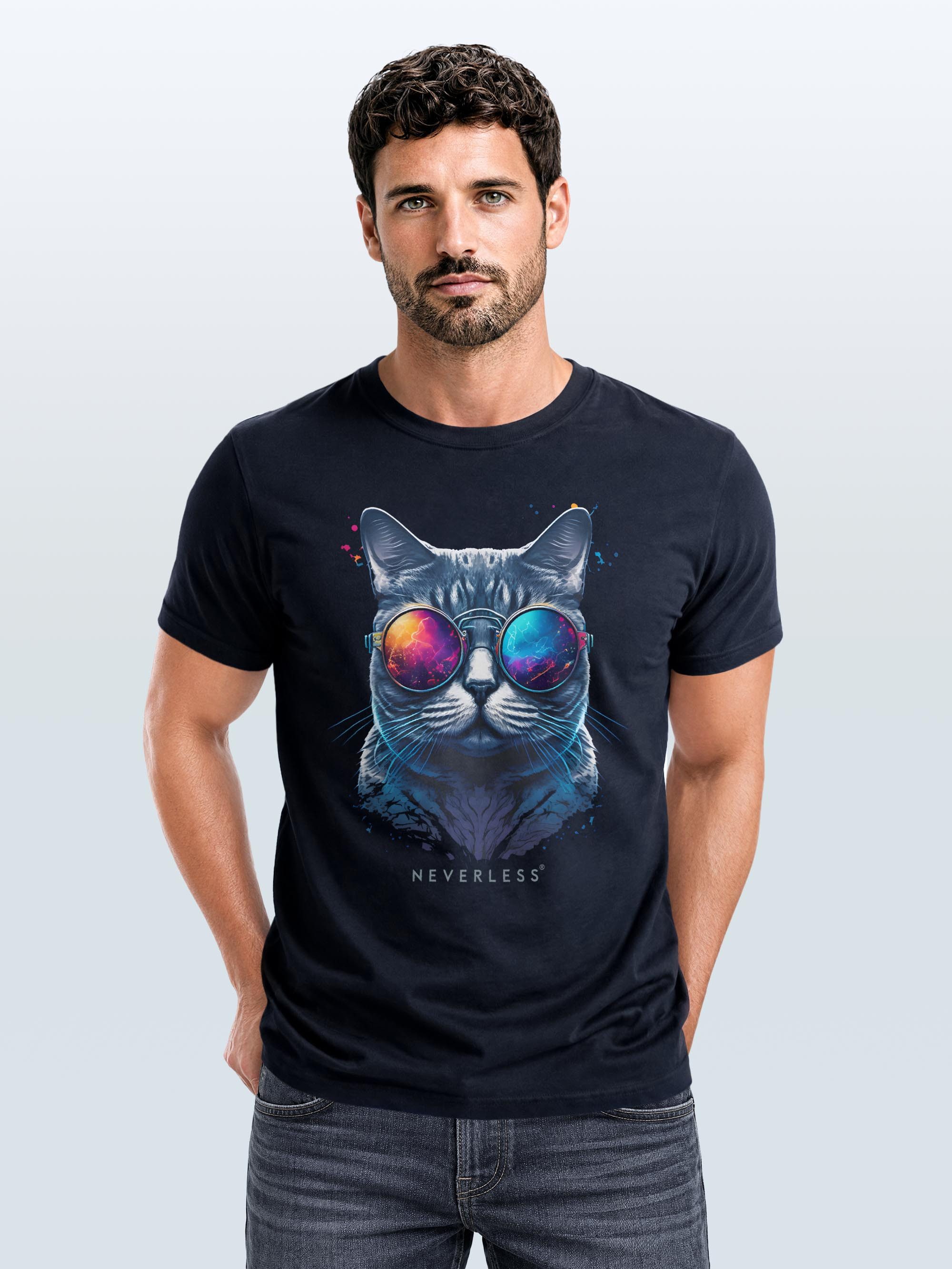Neverless Print-Shirt Herren T-Shirt Aufdruck Katze Cat Sommer Sonnenbrille Style Fashion mit Print