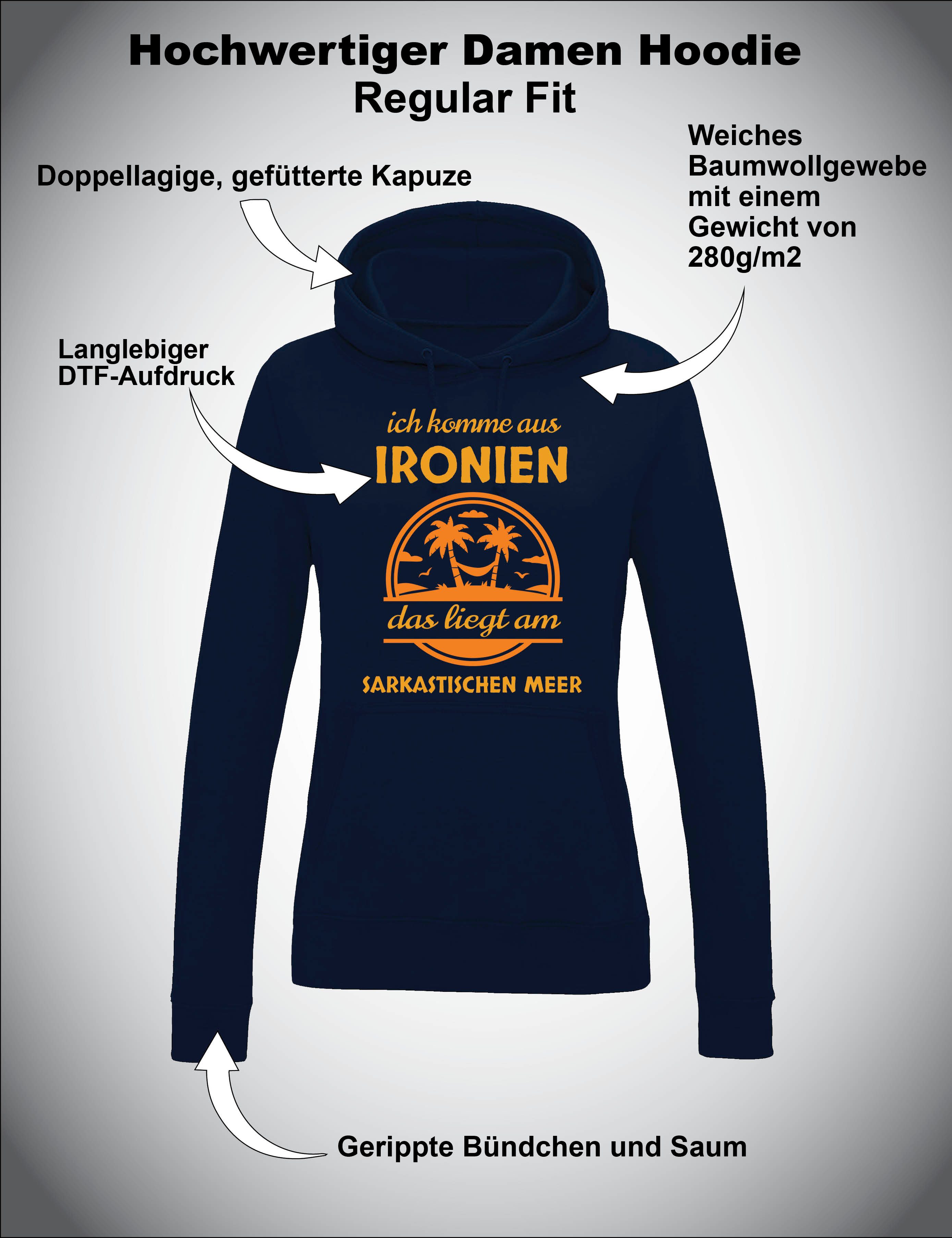 Youth Designz Kapuzenpullover "Ironien" Damen Hoodie Pullover witziger Spruch Geschenk Statement mit lustigen Frontprint für Frauen