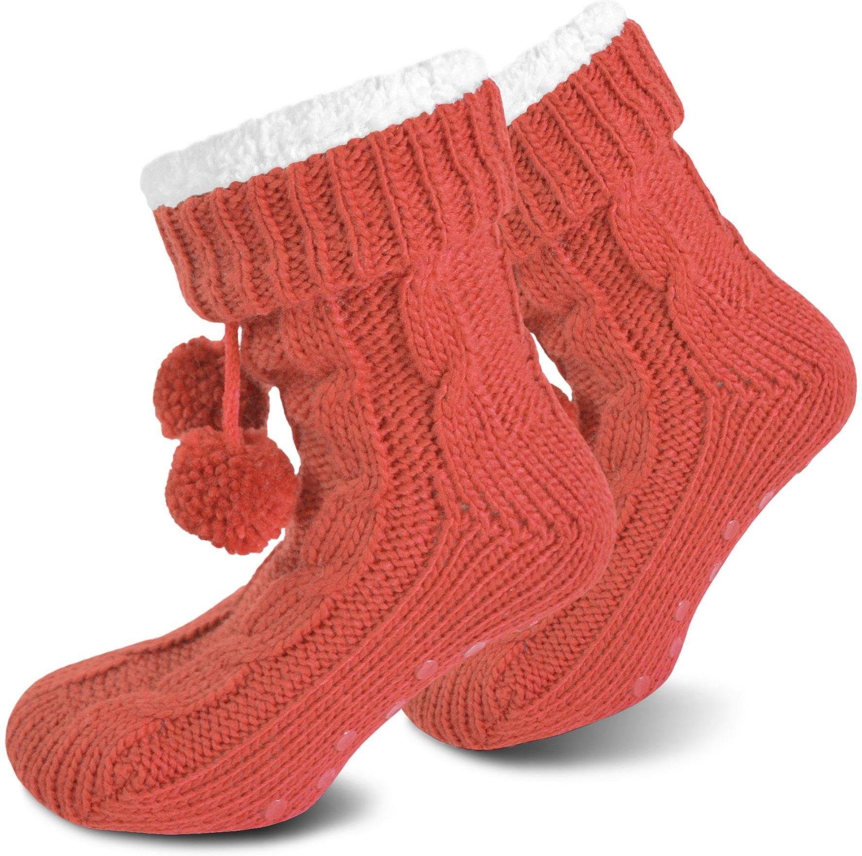 normani Kuschelsocken Strick-Hausschuhe mit Bommeln und ABS (1 Paar) dickes, kuscheliges Futter Flamingo Pink