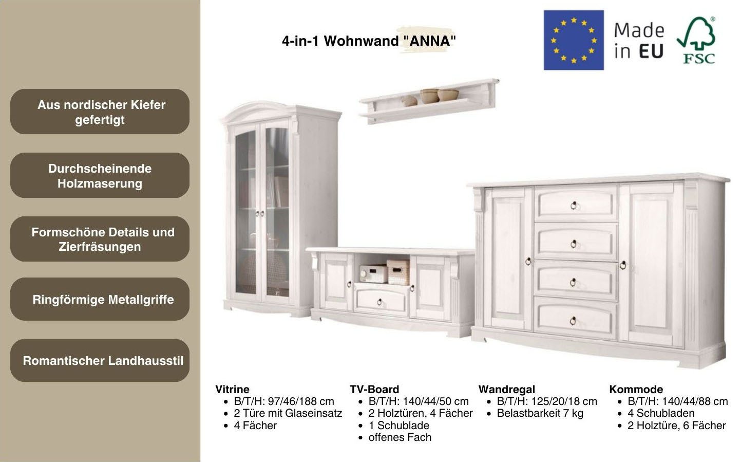 OTTO home Wohnwand Anna, (Set, 4-St), aus massiver Kiefer, FSC®, im romantischen Landhausstil