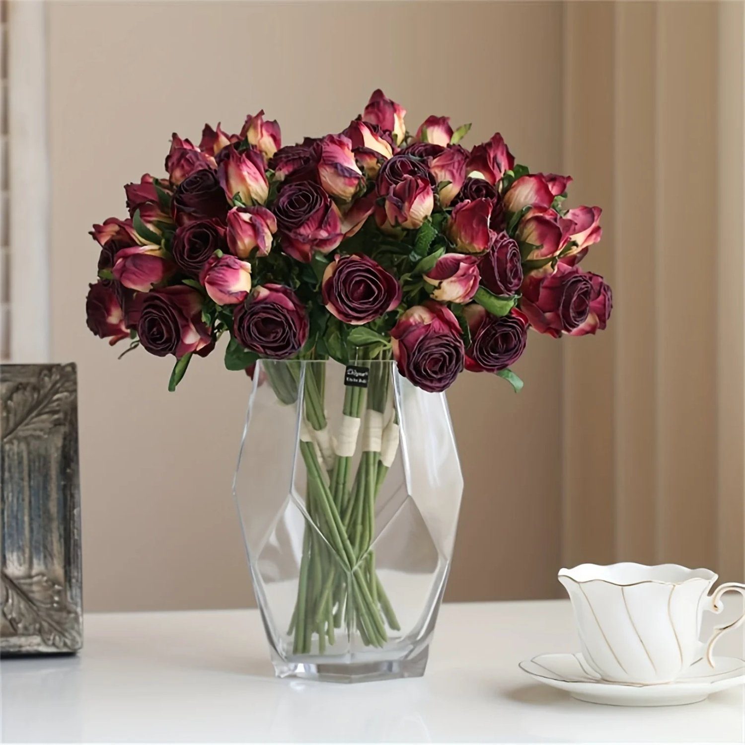 verbrannt Rand Vintage Trockenblumen, rot Trockenblume Bouquet, 6PCS Simulation Rose autolock