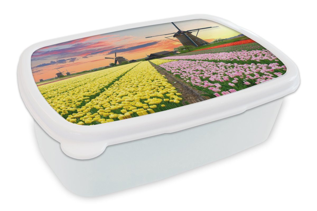 MuchoWow Lunchbox Windmühle - Tulpen - Blumen - Niederlande, Kunststoff, (2-tlg), Brotbox für Kinder und Erwachsene, Brotdose, für Jungs und Mädchen weiß