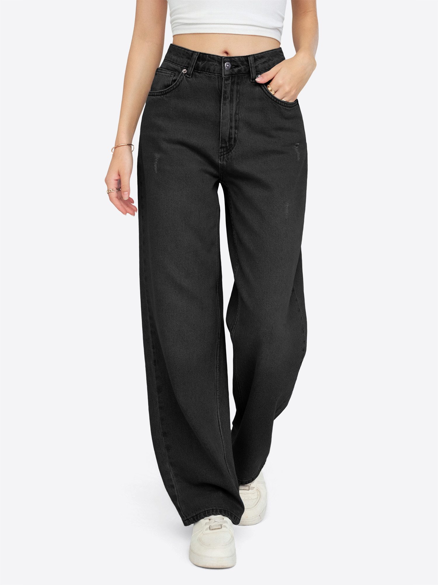 Imily Bela Weite Jeans Damen hochtaillierte Loose-fit-Jeans mit Waschungseffekt (Packung, 1-tlg., 1per-Pack) 5-Pocket-Style