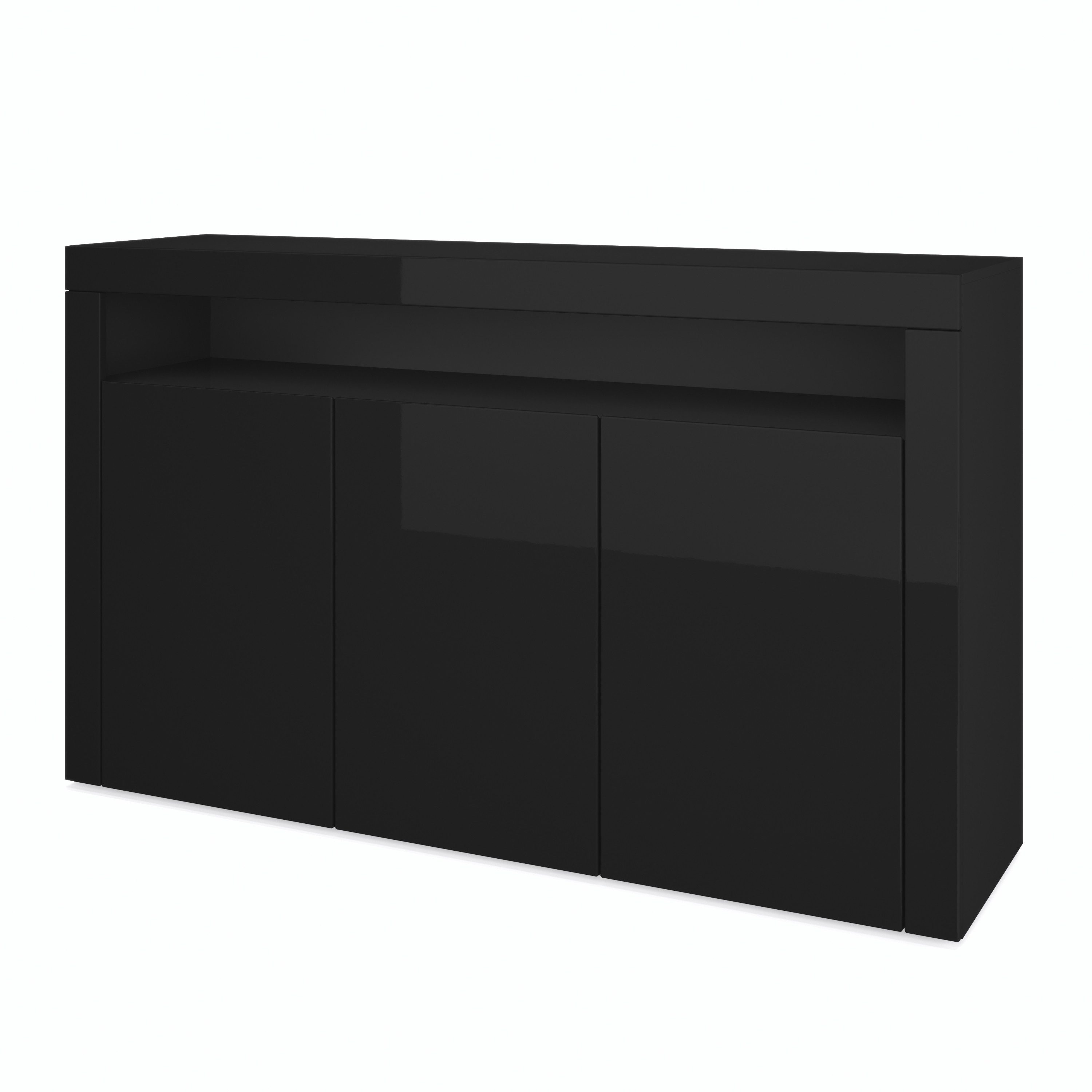 Vladon Sideboard Valencia (Sideboard, mit 3 Türen und 1 offenem Fach), Schwarz matt/Schwarz Hochglanz/Schwarz Hochglanz (155 x 92 x 40 cm)