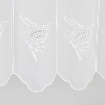 Scheibengardine nach Maß Scheibengardine Bistrogardine Kurzgardine "Fabiola" Weiß Batist Schmetterling 45 cm Höhe x 160 cm Breite, EXPERIENCE, Durchzuglöcher (1 St), halbtransparent, Softtouch