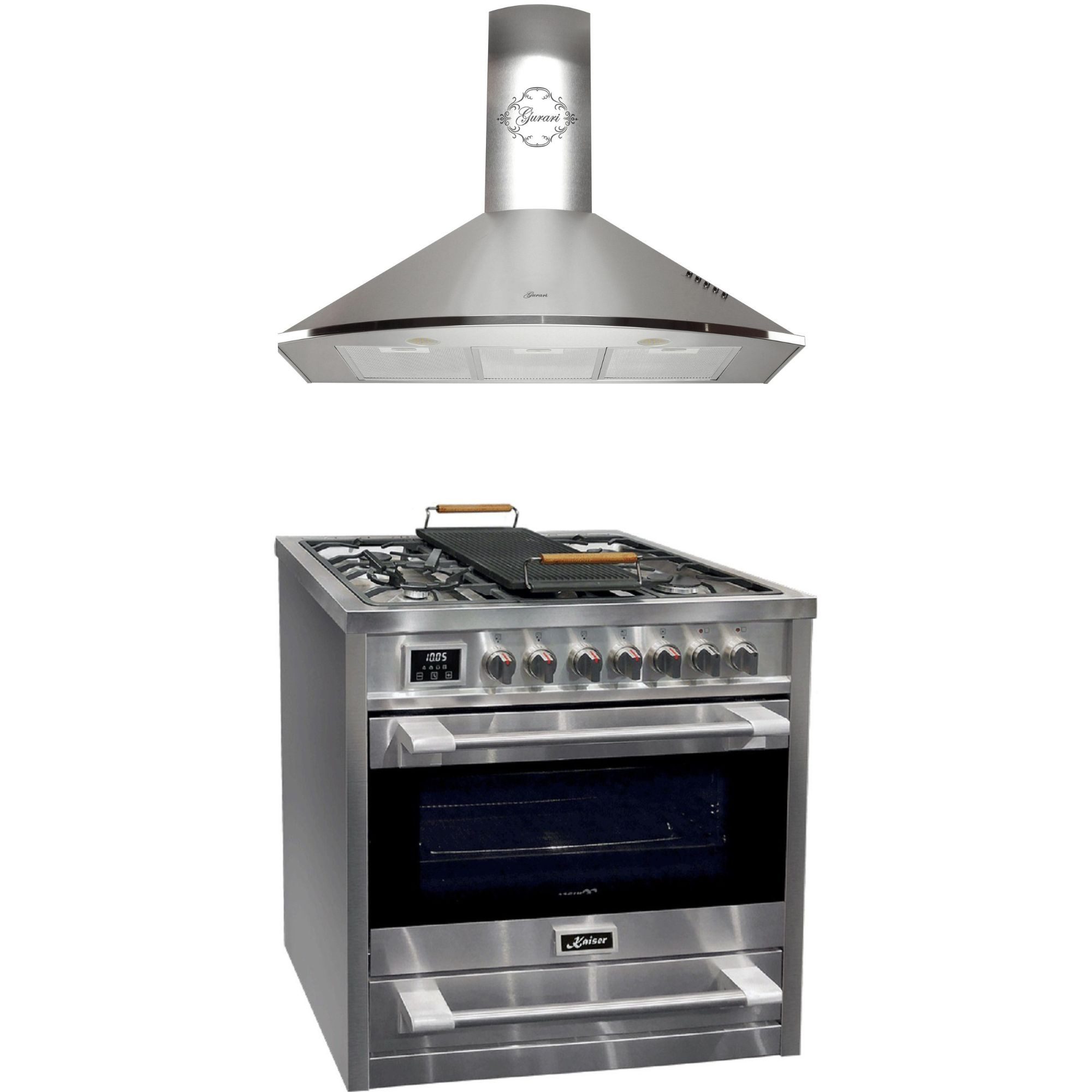 Kaiser Küchengeräte Gasherd-Set Gas Elektro Standherd 90 cm Erdgas, Propangas,115 L+Dunstabzugshaube 90 cm Edelstahl, 1000m³/h,Abzugshaube,3 Stufen HGE 93505 R+GCH C 046 IS 9, mit 1-fach-Teleskopauszug, Katalytische Selbstreinigung, Gas Elektro Standherd 90 cm+Dunstabzugshaube 90 cm 1000m³/h