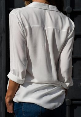 Opspring Hemdbluse Damen Bluse Chiffon Elegant V-Ausschnitt Langarm Casual Oberteile Hemd
